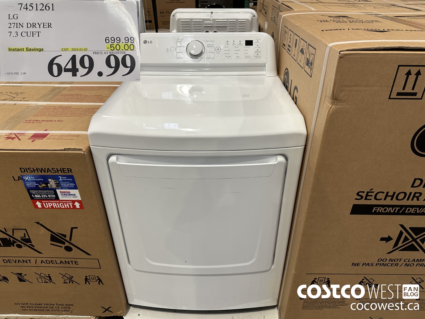 7451261 LG 27IN 7.3 CU. FT DRYER ($50.00 INSTANT SAVINGS EXPIRES ON 2024-01-03) $649.99