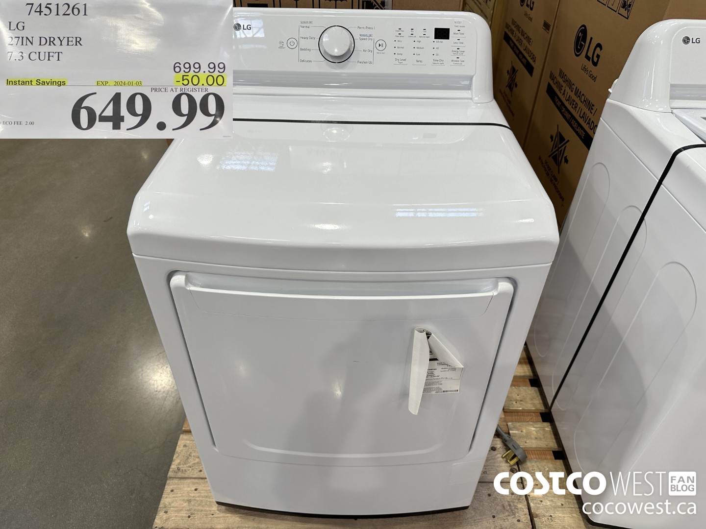 7451261 LG 27IN 7.3 CU. FT DRYER ($50.00 INSTANT SAVINGS EXPIRES ON 2024-01-03) $649.99