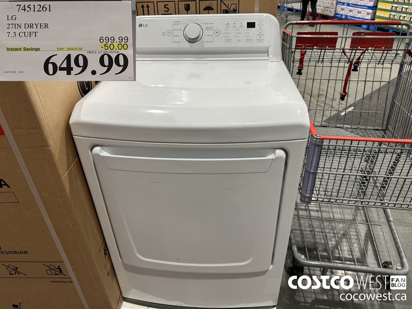 7451261 LG 27IN 7.3 CU. FT DRYER ($50.00 INSTANT SAVINGS EXPIRES ON 2024-01-03) $649.99