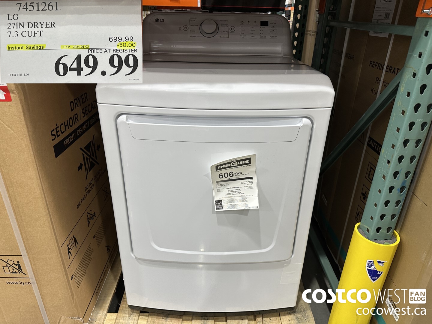 7451261 LG 27IN 7.3 CU. FT DRYER ($50.00 INSTANT SAVINGS EXPIRES ON 2024-01-03) $649.99