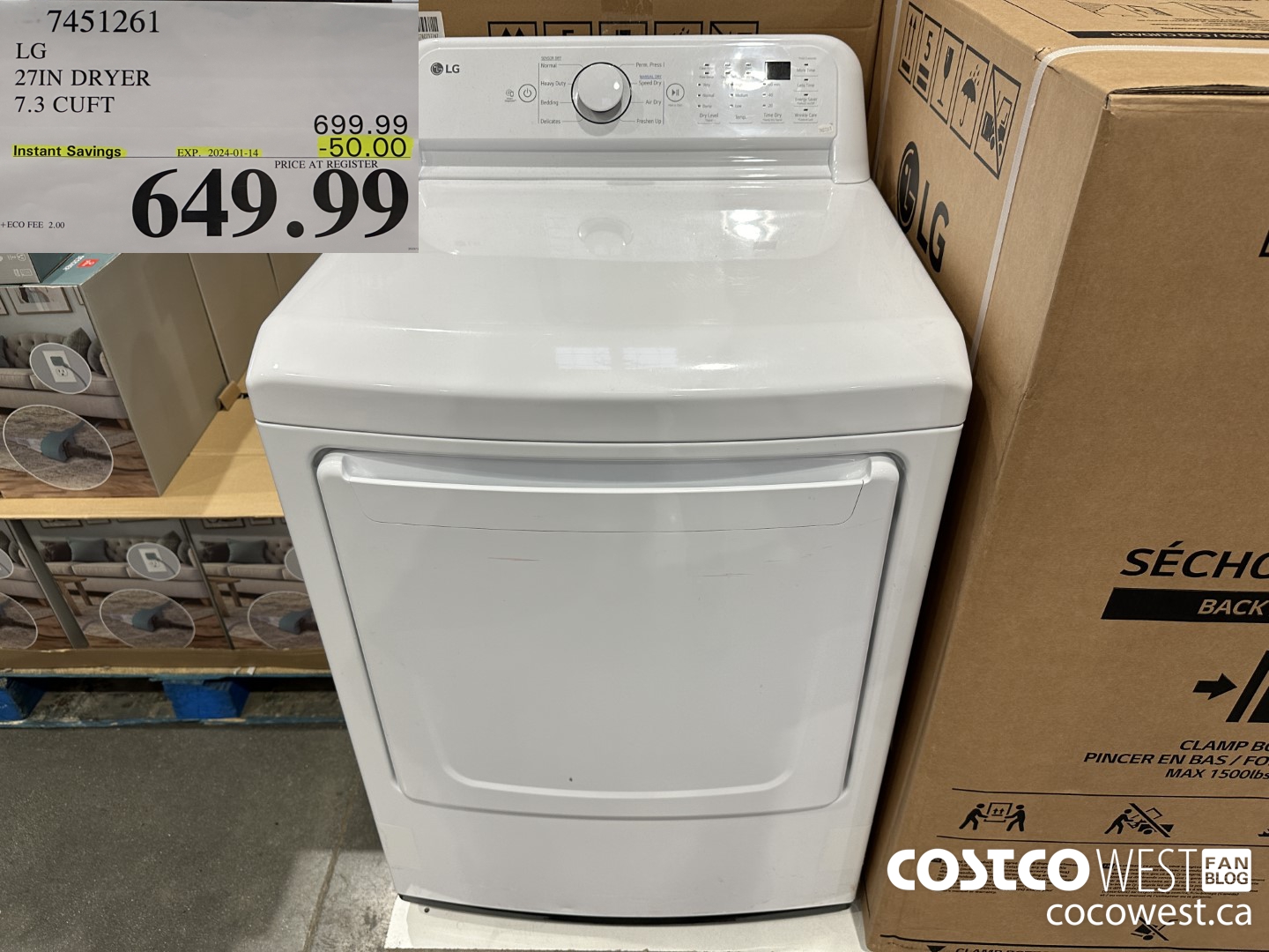 7451261 LG 27IN 7.3 CU. FT DRYER ($50.00 INSTANT SAVINGS EXPIRES ON 2024-01-14) $649.99