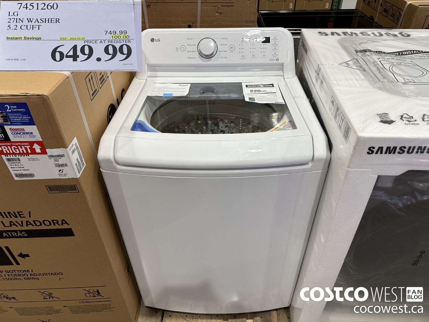 7451260 LG 27IN WASHER 5.2 CUFT ($100.00 INSTANT SAVINGS EXPIRES ON 2024-01-03) $649.99