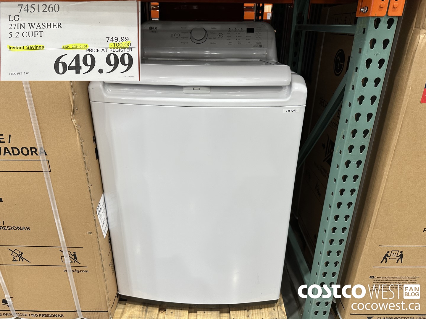 7451260 LG 27IN WASHER 5.2 CUFT ($100.00 INSTANT SAVINGS EXPIRES ON 2024-01-03) $649.99