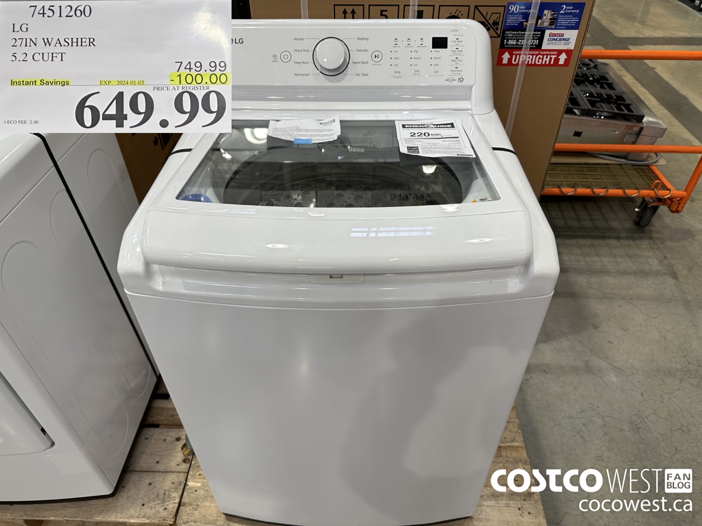 7451260 LG 27IN WASHER 5.2 CUFT ($100.00 INSTANT SAVINGS EXPIRES ON 2024-01-03) $649.99