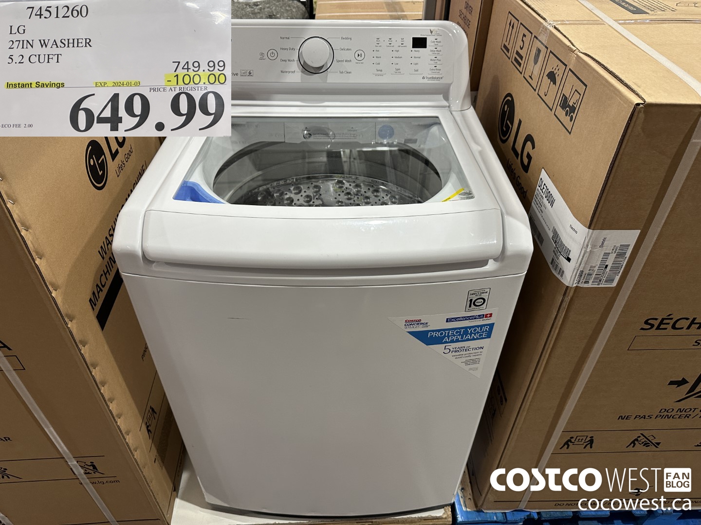 7451260 LG 27IN WASHER 5.2 CUFT ($100.00 INSTANT SAVINGS EXPIRES ON 2024-01-03) $649.99