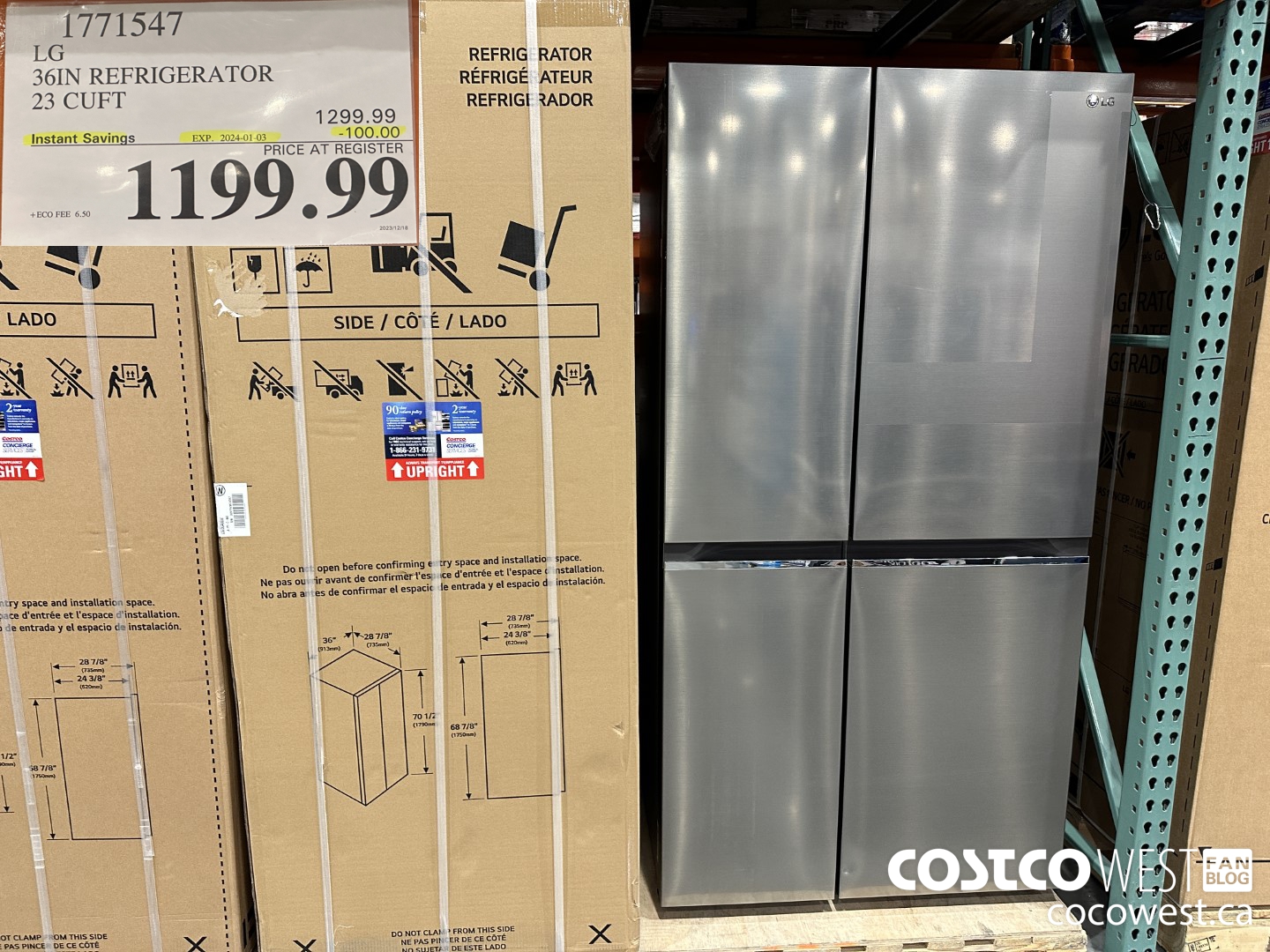 1771547 LG 36IN REFRIGERATOR 23 CUFT ($100.00 INSTANT SAVINGS EXPIRES ON 2024-01-03) $1199.99