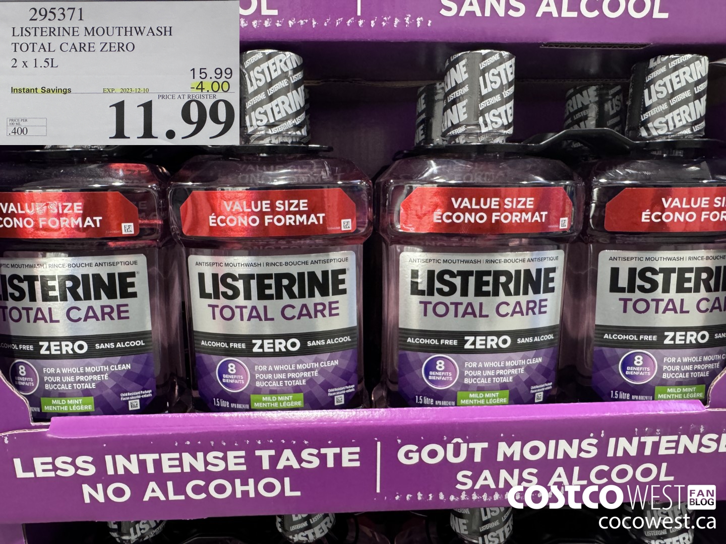 295371 LISTERINE MOUTHWASH TOTAL CARE ZERO 2 X 1.5L ($4.00 INSTANT SAVINGS EXPIRES ON 2023-12-10) $11.99