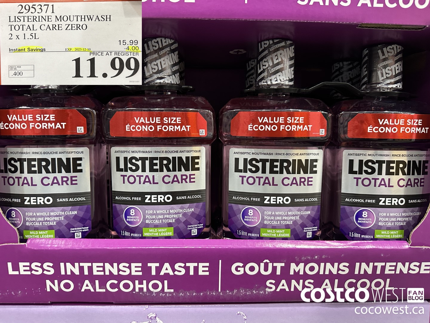 295371 LISTERINE MOUTHWASH TOTAL CARE ZERO 2 X 1.5L ($4.00 INSTANT SAVINGS EXPIRES ON 2023-12-10) $11.99
