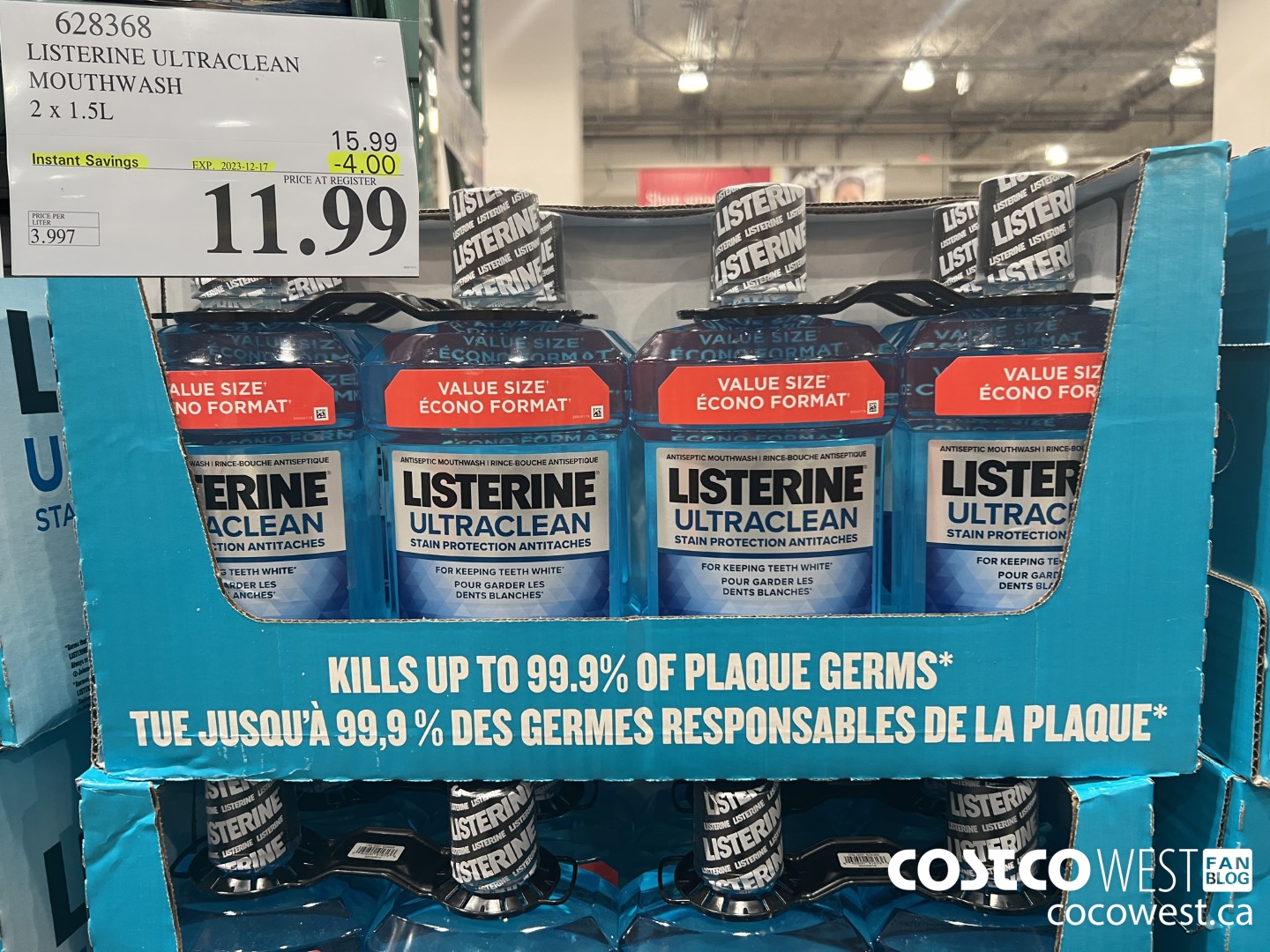 628368 LISTERINE ULTRACLEAN MOUTHWASH 2 X 1.5L ($4.00 INSTANT SAVINGS EXPIRES ON 2023-12-17) $11.99