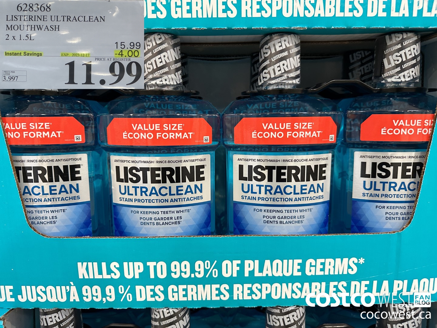 628368 LISTERINE ULTRACLEAN MOUTHWASH 2 X 1.5L ($4.00 INSTANT SAVINGS EXPIRES ON 2023-12-17) $11.99