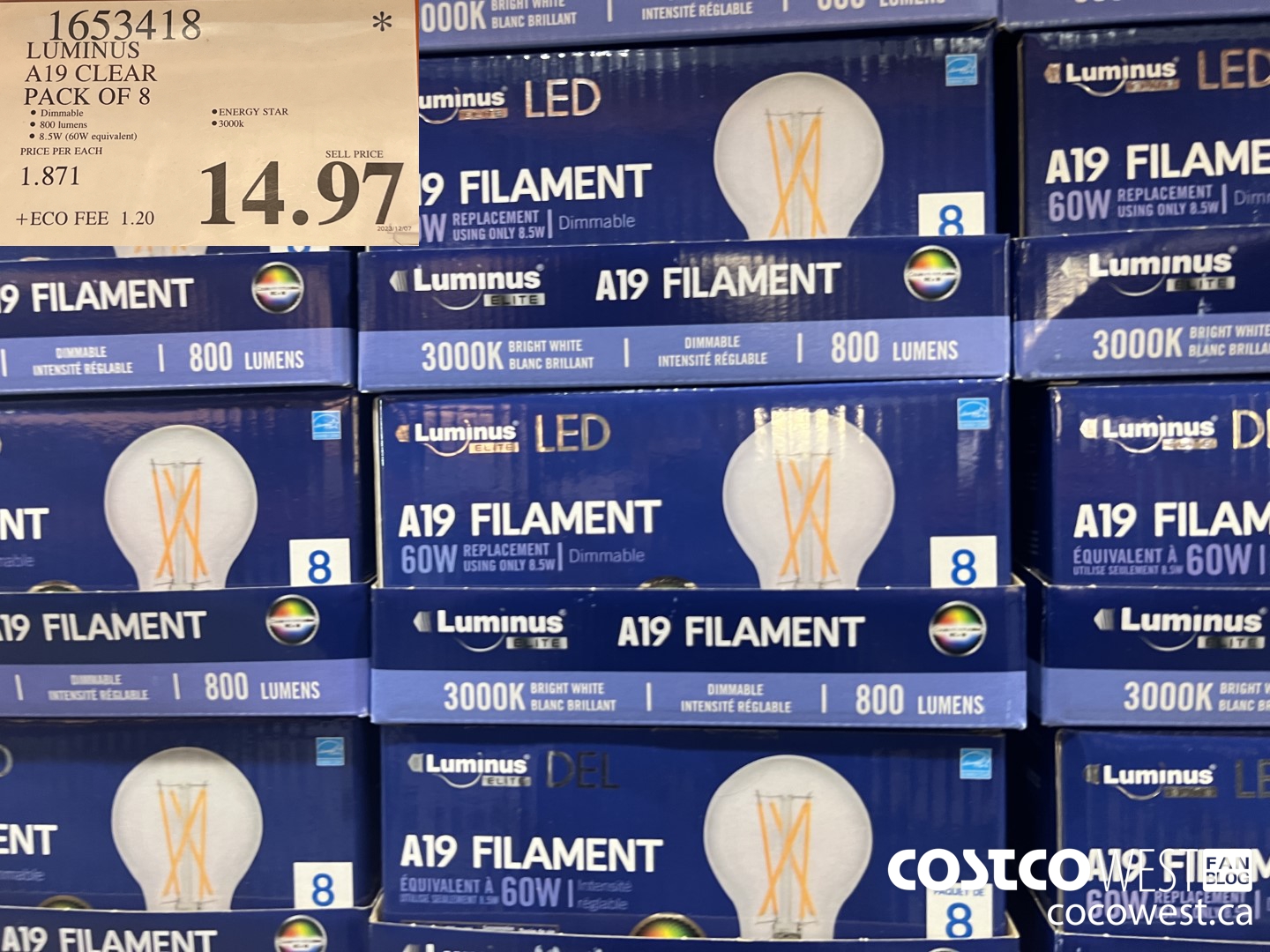 1653418 LUMINUS A19 CLEAR PACK OF 8 $14.97