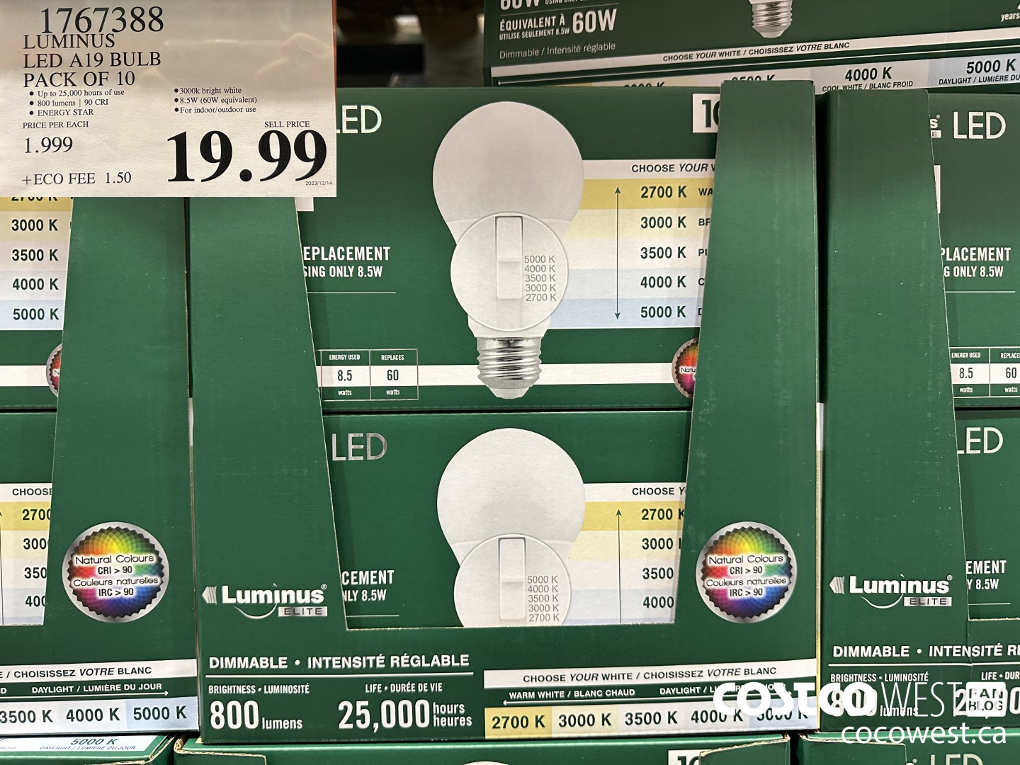 1767388 LUMINUS LED A19 BULB PACK OF 10 $19.99