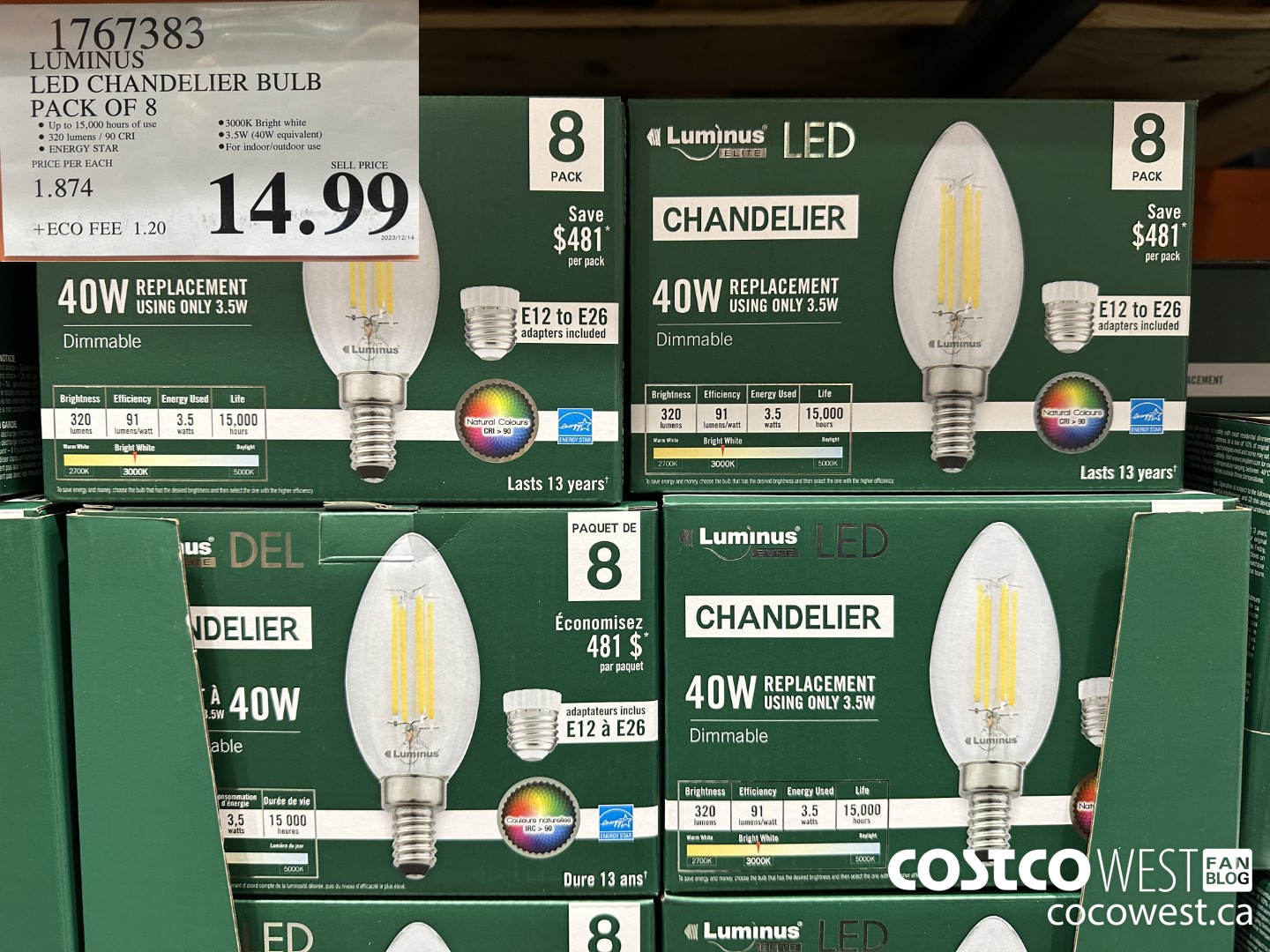 1767383 LUMINUS LED CHANDELIER BULB PACK OF 8 $14.99