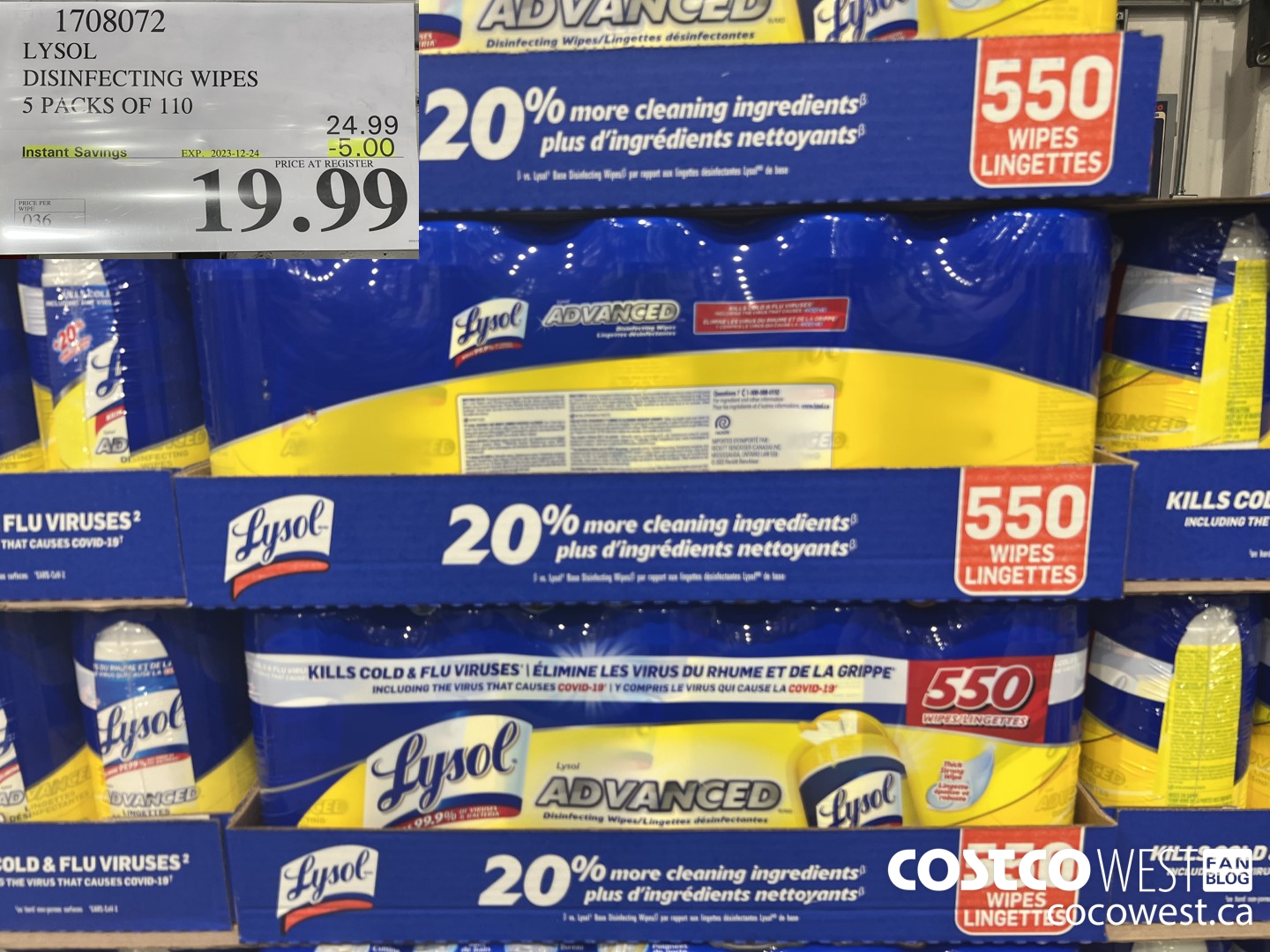 1708072 LYSOL DISINFECTING WIPES 5 X 110 WIPES ($5.00 INSTANT SAVINGS EXPIRES ON 2023-12-24) $19.99