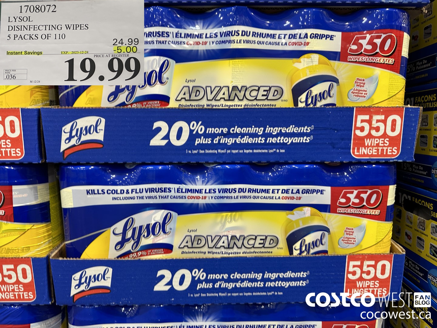 1708072 LYSOL DISINFECTING WIPES 5 X 110 WIPES ($5.00 INSTANT SAVINGS EXPIRES ON 2023-12-24) $19.99