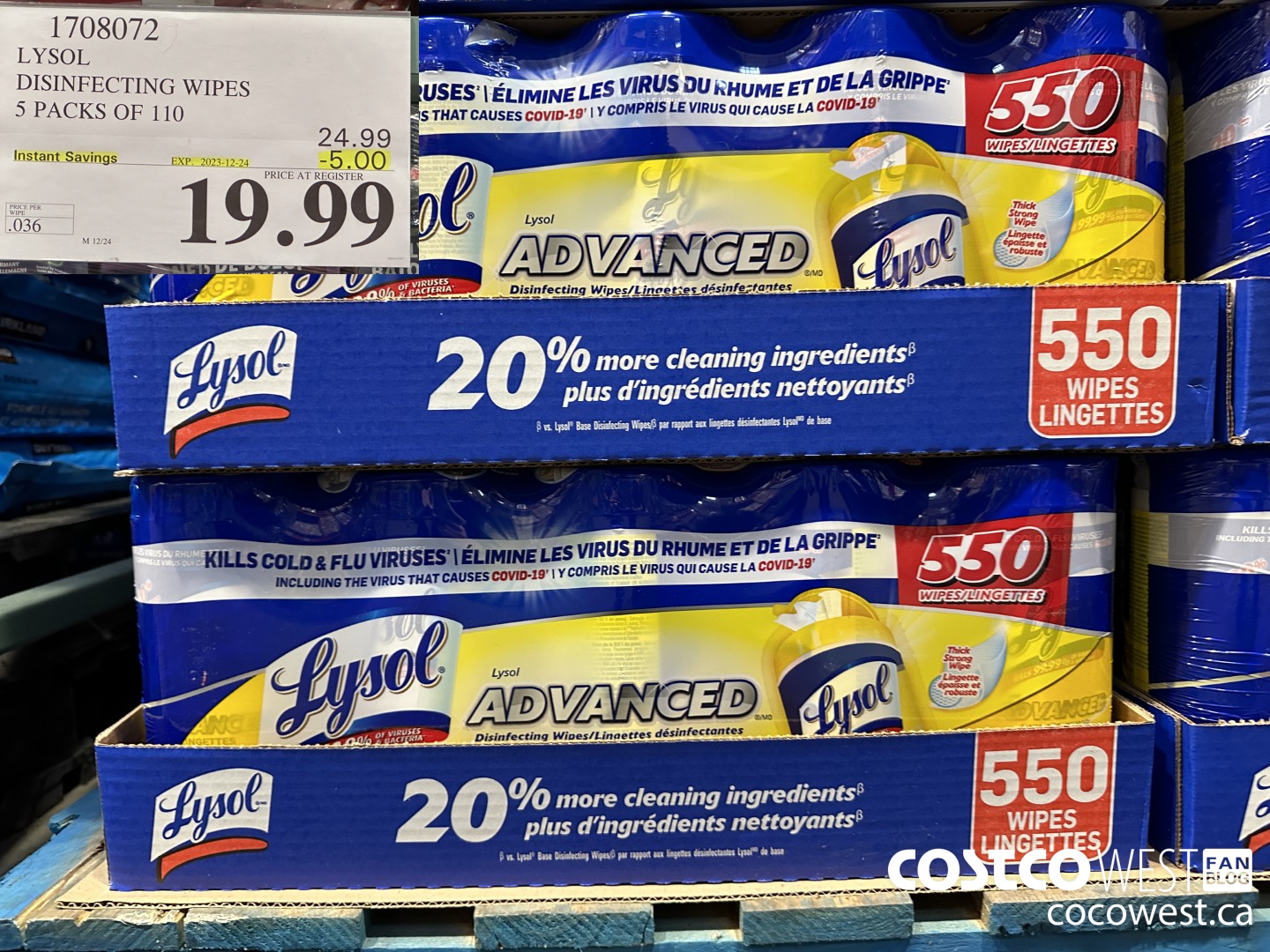 1708072 LYSOL DISINFECTING WIPES 5 X 110 WIPES ($5.00 INSTANT SAVINGS EXPIRES ON 2023-12-24) $19.99