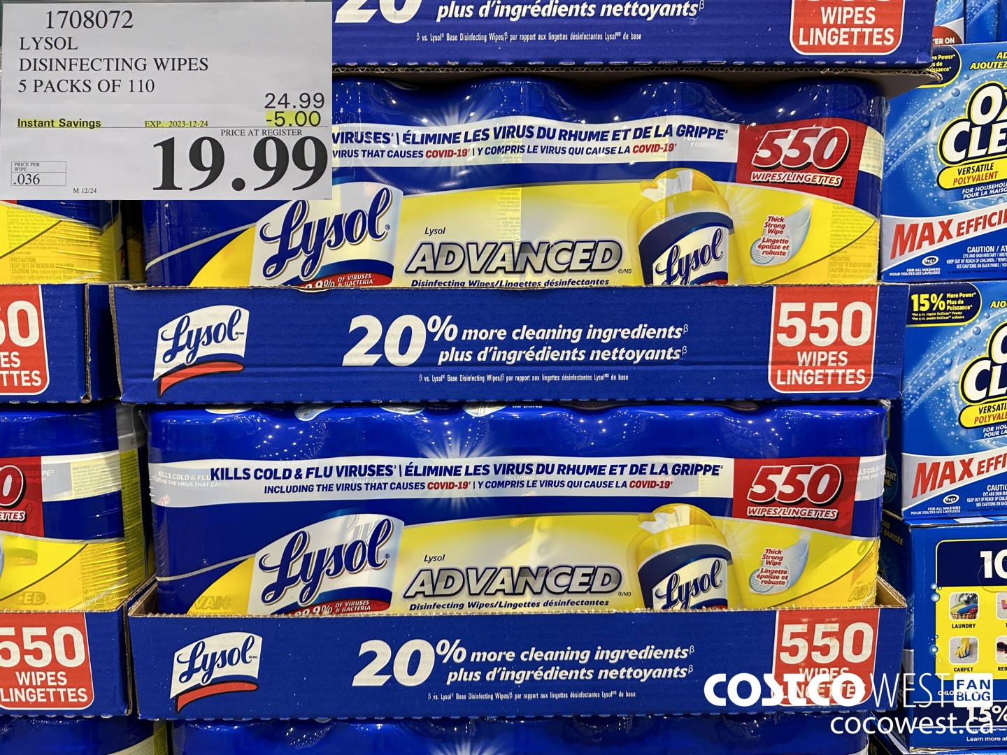 1708072 LYSOL DISINFECTING WIPES 5 X 110 WIPES ($5.00 INSTANT SAVINGS EXPIRES ON 2023-12-24) $19.99