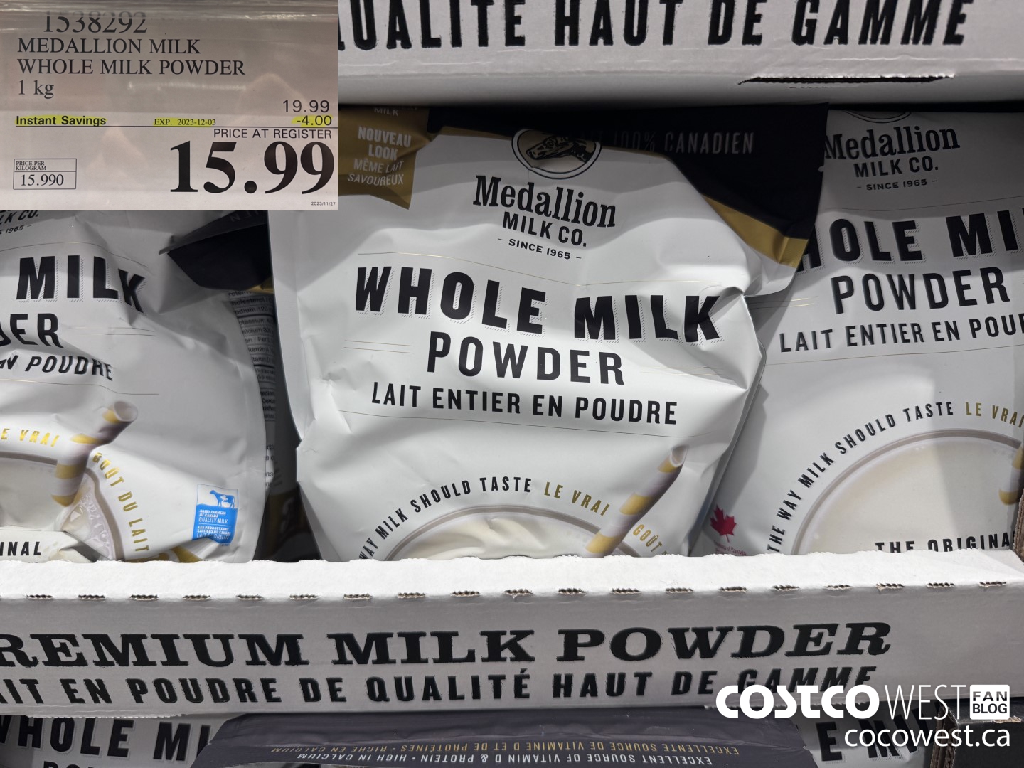 1538292 MEDALLION MILK WHOLE MILK POWDER 1 KG ($4.00 INSTANT SAVINGS EXPIRES ON 2023-12-03) $15.99