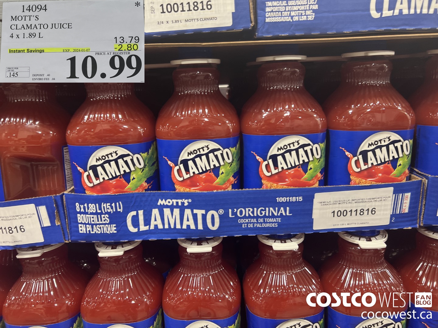 14094 MOTTS CLAMATO JUICE 4 X 1.89 L ($2.80 INSTANT SAVINGS EXPIRES ON 2024-01-07) $10.99