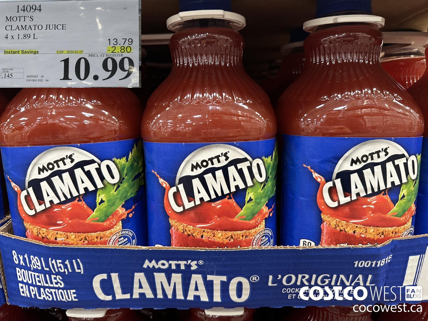 14094 MOTTS CLAMATO JUICE 4 X 1.89 L ($2.80 INSTANT SAVINGS EXPIRES ON 2024-01-07) $10.99