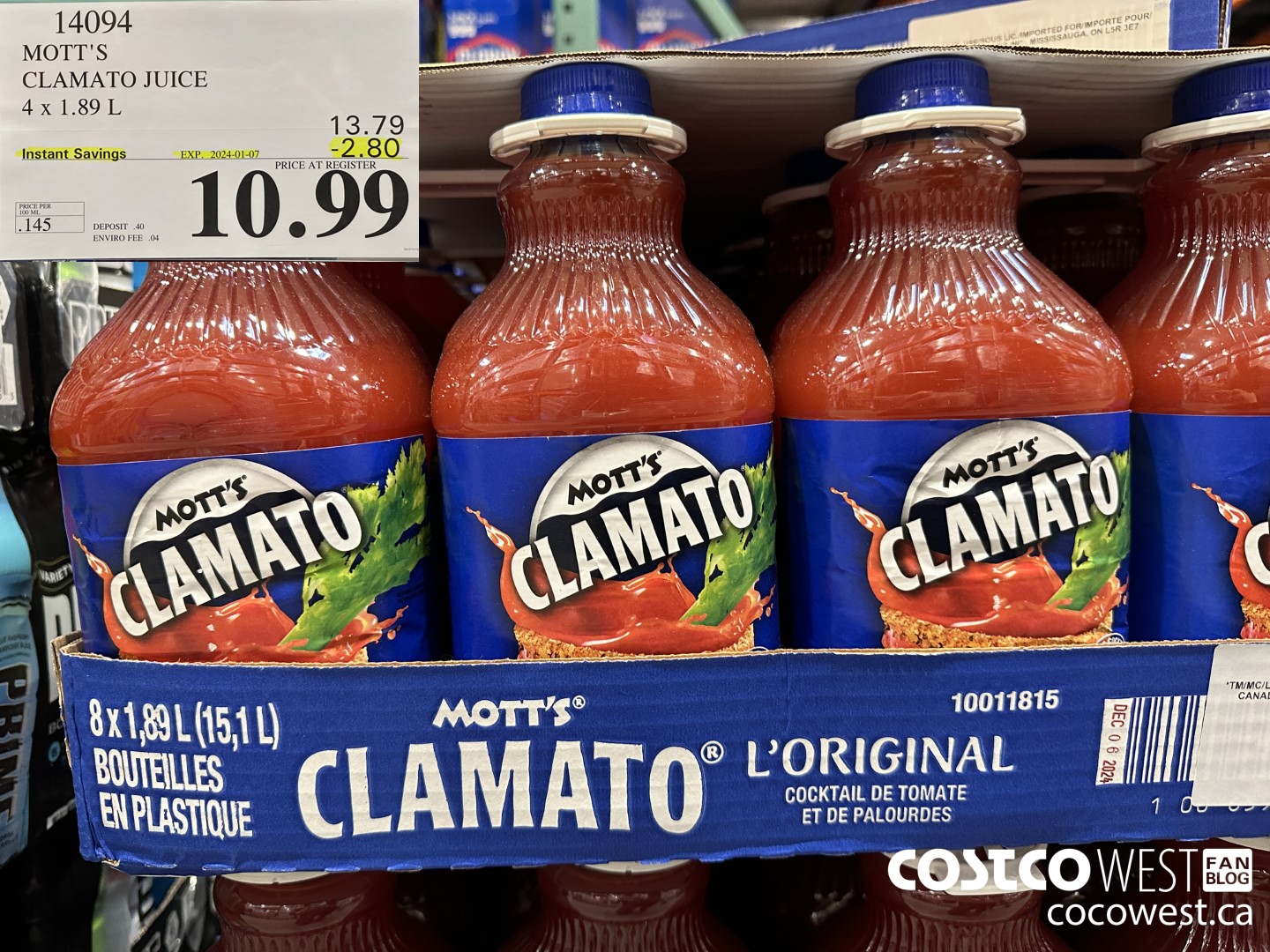 14094 MOTTS CLAMATO JUICE 4 X 1.89 L ($2.80 INSTANT SAVINGS EXPIRES ON 2024-01-07) $10.99