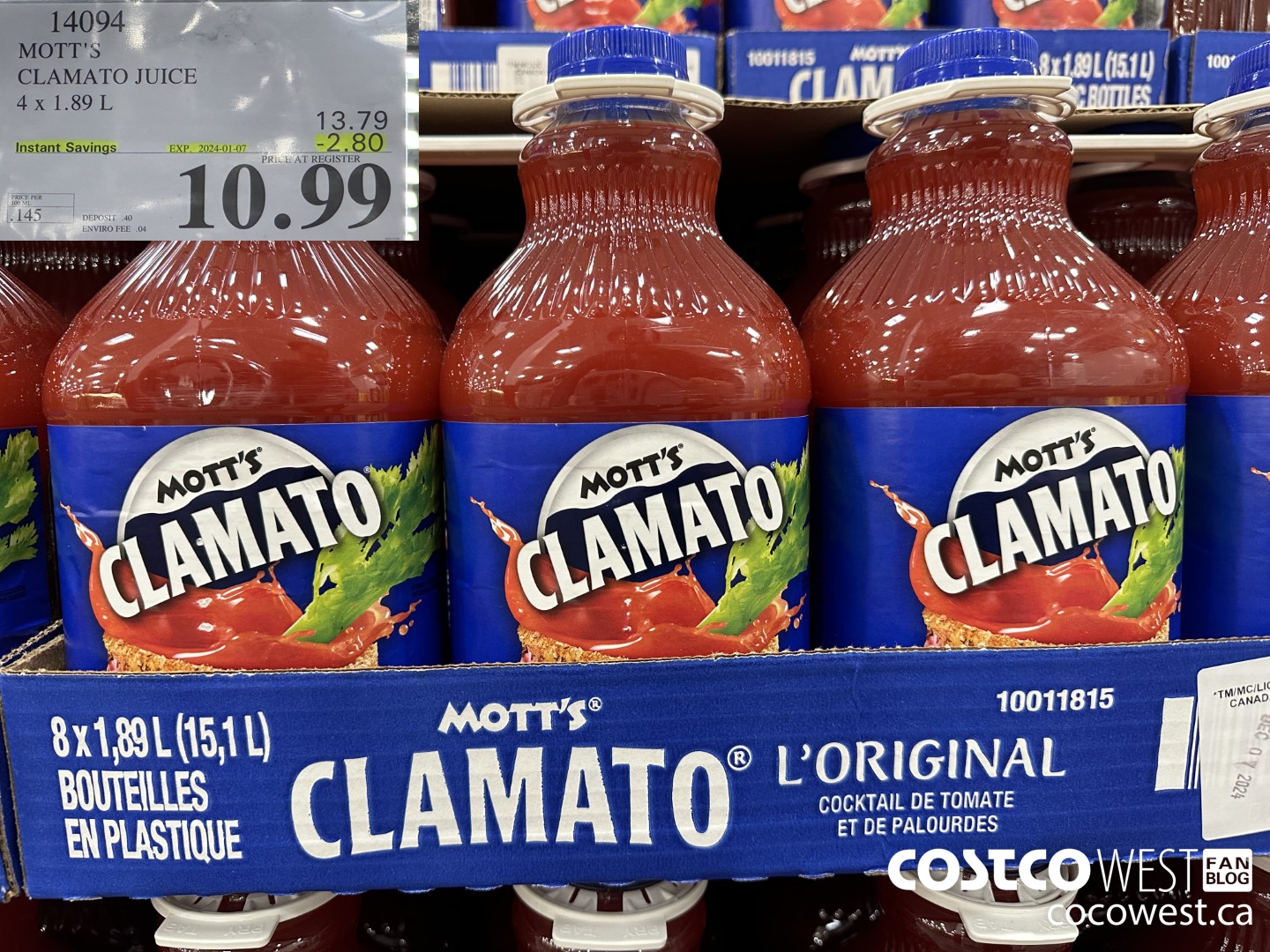 14094 MOTTS CLAMATO JUICE 4 X 1.89 L ($2.80 INSTANT SAVINGS EXPIRES ON 2024-01-07) $10.99