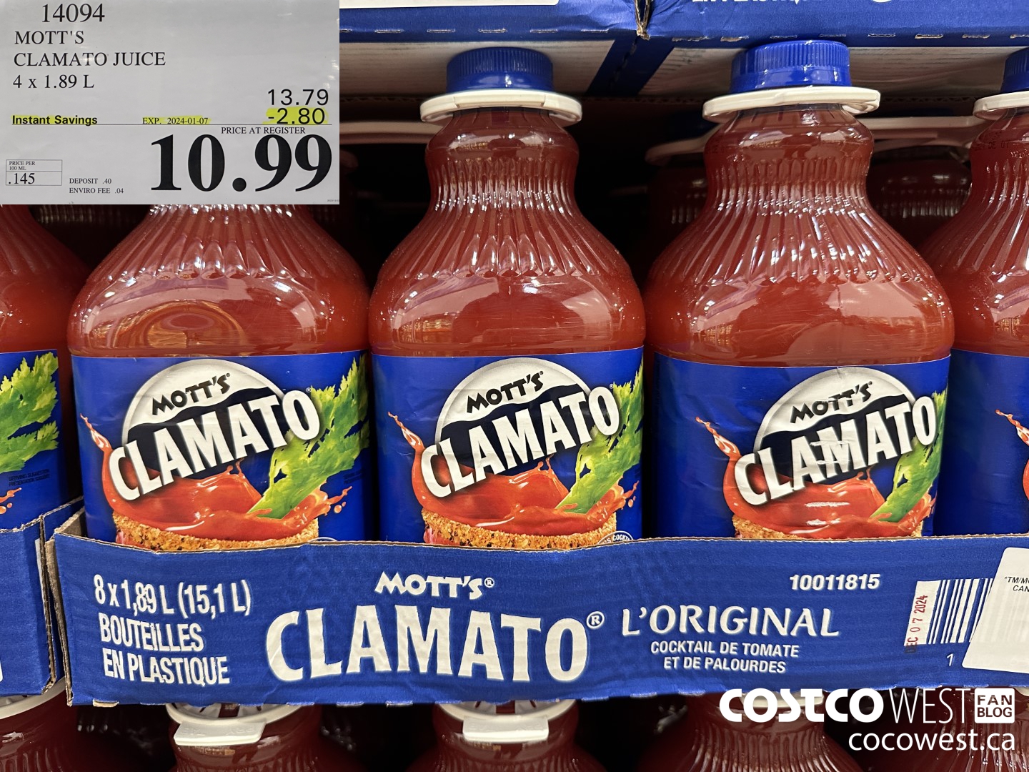 14094 MOTTS CLAMATO JUICE 4 X 1.89 L ($2.80 INSTANT SAVINGS EXPIRES ON 2024-01-07) $10.99