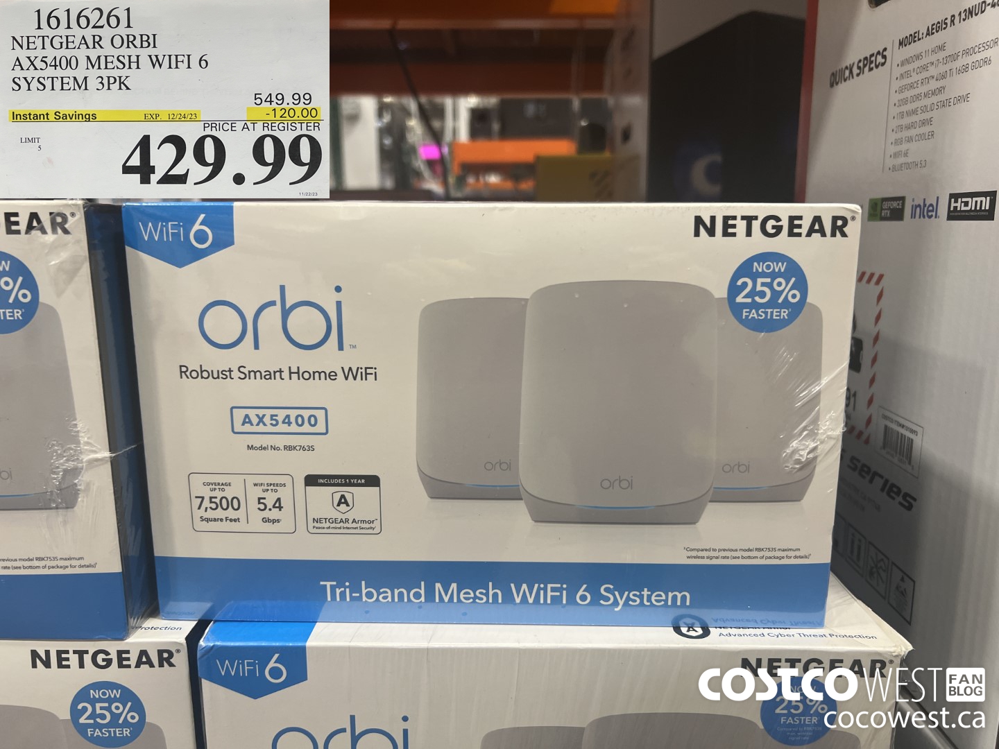 1616261 NETGEAR ORBI AX5400 MESH WIFI 6 SYSTEM 3PK ($120.00 INSTANT SAVINGS EXPIRES ON 2023-12-24) $429.99