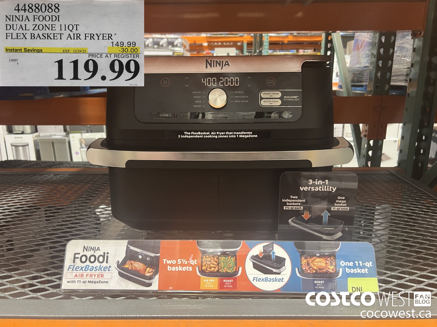 4488088 NINJA FOODI DUAL ZONE 11QT FLEX BASKET AIR FRYER ($30.00 INSTANT SAVINGS EXPIRES ON 2023-12-24) $119.99