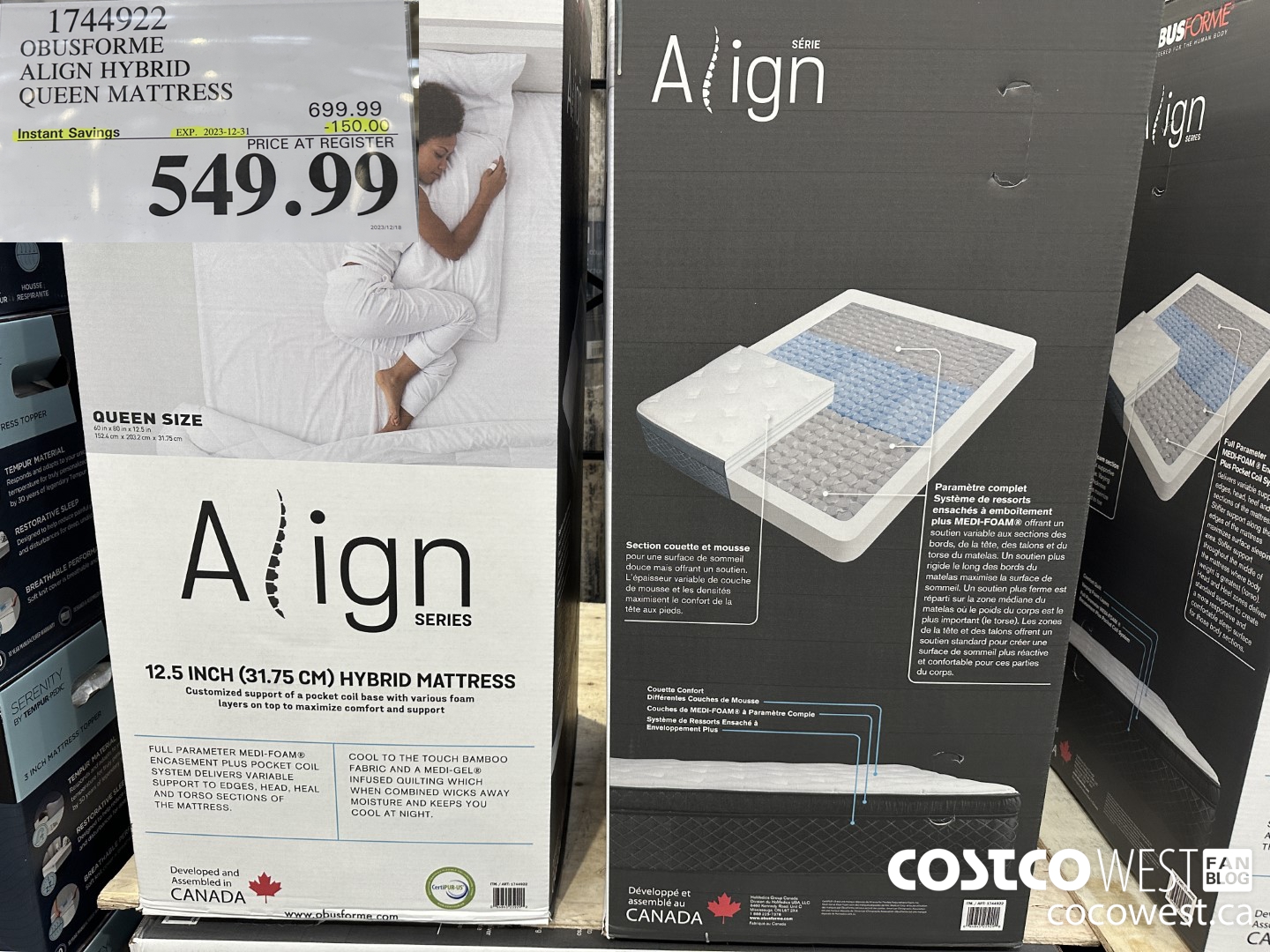 1744922 OBUSFORME ALIGN HYBRID QUEEN MATTRESS ($150.00 INSTANT SAVINGS EXPIRES ON 2023-12-31) $549.99