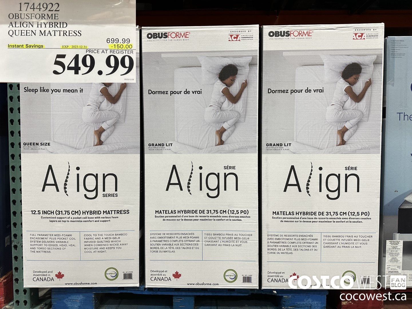 1744922 OBUSFORME ALIGN HYBRID QUEEN MATTRESS ($150.00 INSTANT SAVINGS EXPIRES ON 2023-12-31) $549.99