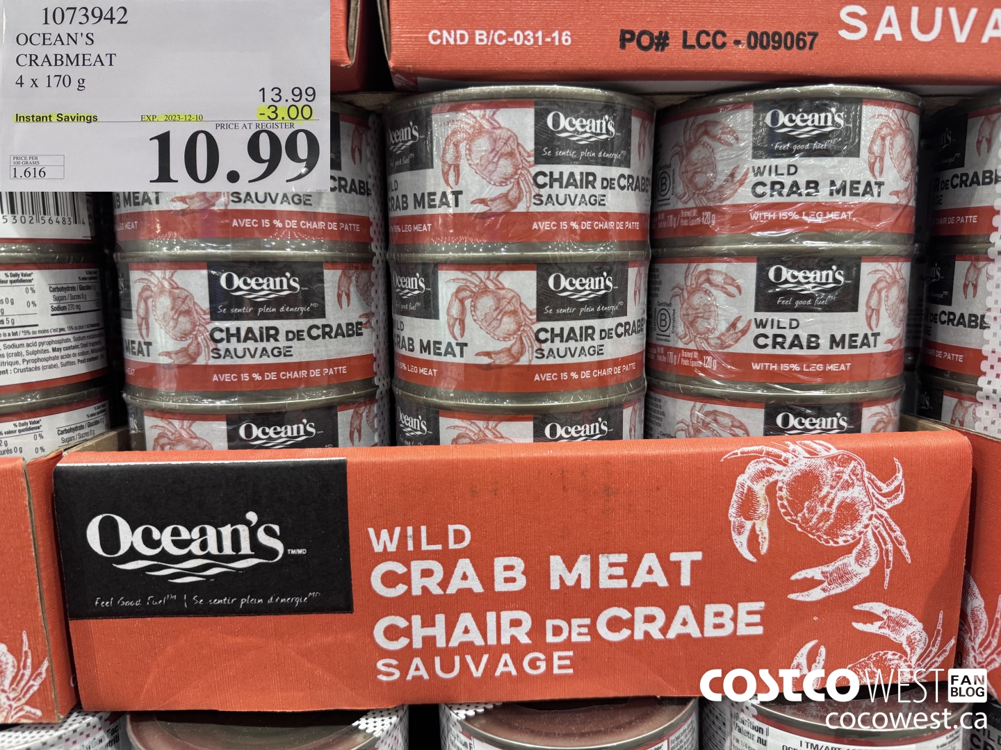 1073942 OCEAN'S CRABMEAT 4 X 170 G ($3.00 INSTANT SAVINGS EXPIRES ON 2023-12-10) $10.99