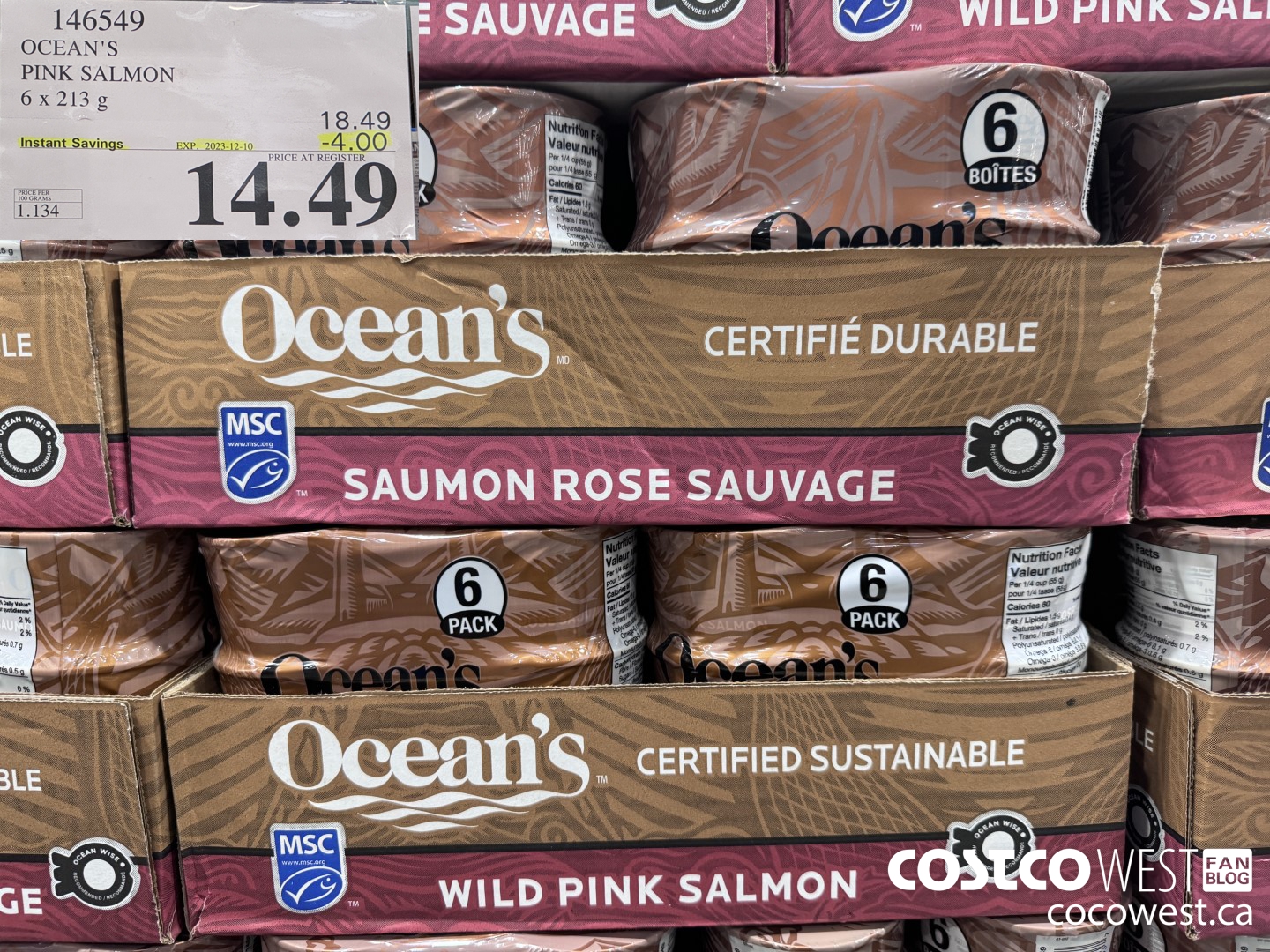 146549 OCEAN'S PINK SALMON 6 X 213 G ($4.00 INSTANT SAVINGS EXPIRES ON 2023-12-10) $14.49