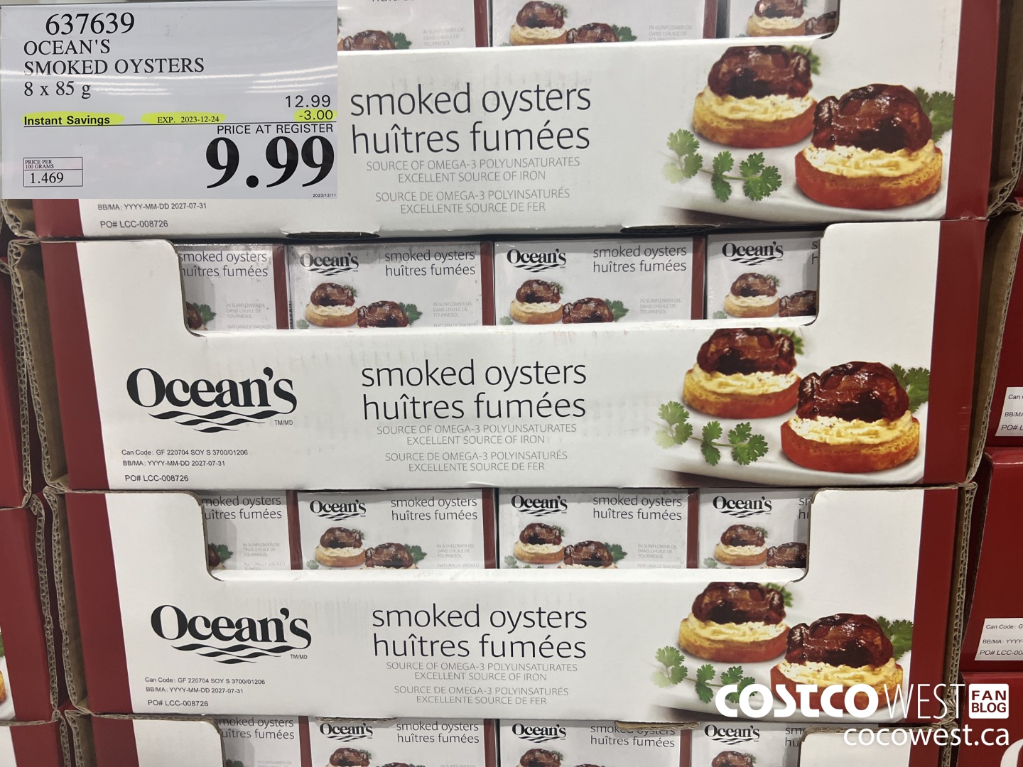 637639 OCEAN'S SMOKED OYSTERS 8 x 85 g ($3.00 INSTANT SAVINGS EXPIRES ON 2023-12-24) $9.99
