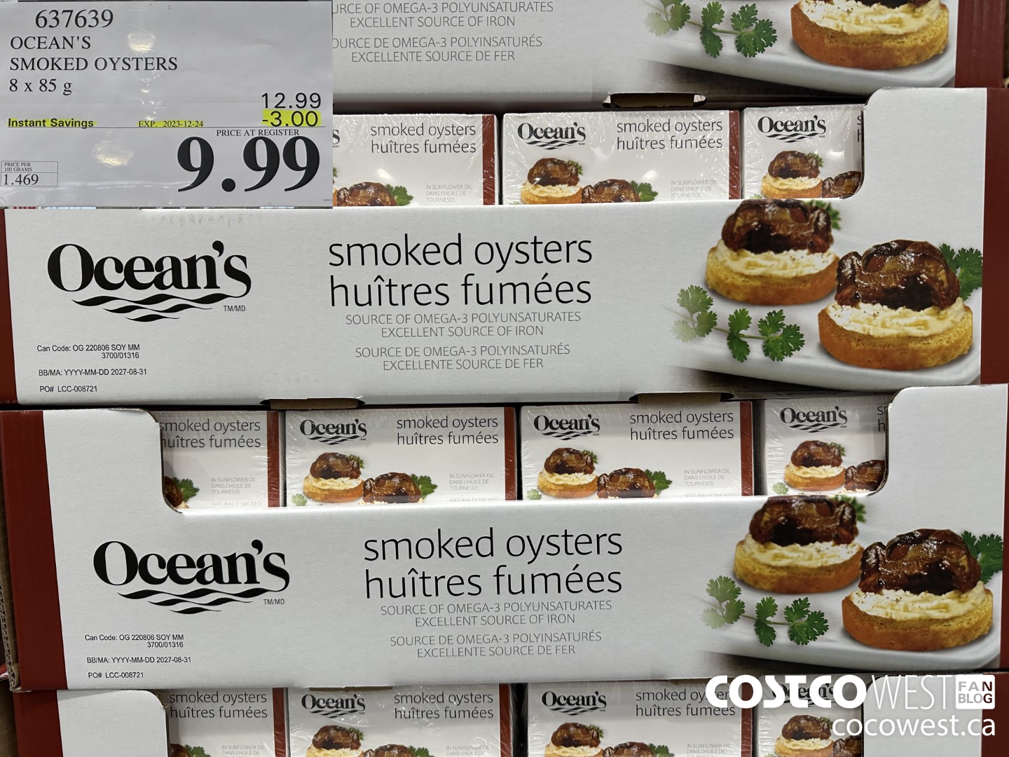 637639 OCEAN'S SMOKED OYSTERS 8 x 85 g ($3.00 INSTANT SAVINGS EXPIRES ON 2023-12-24) $9.99