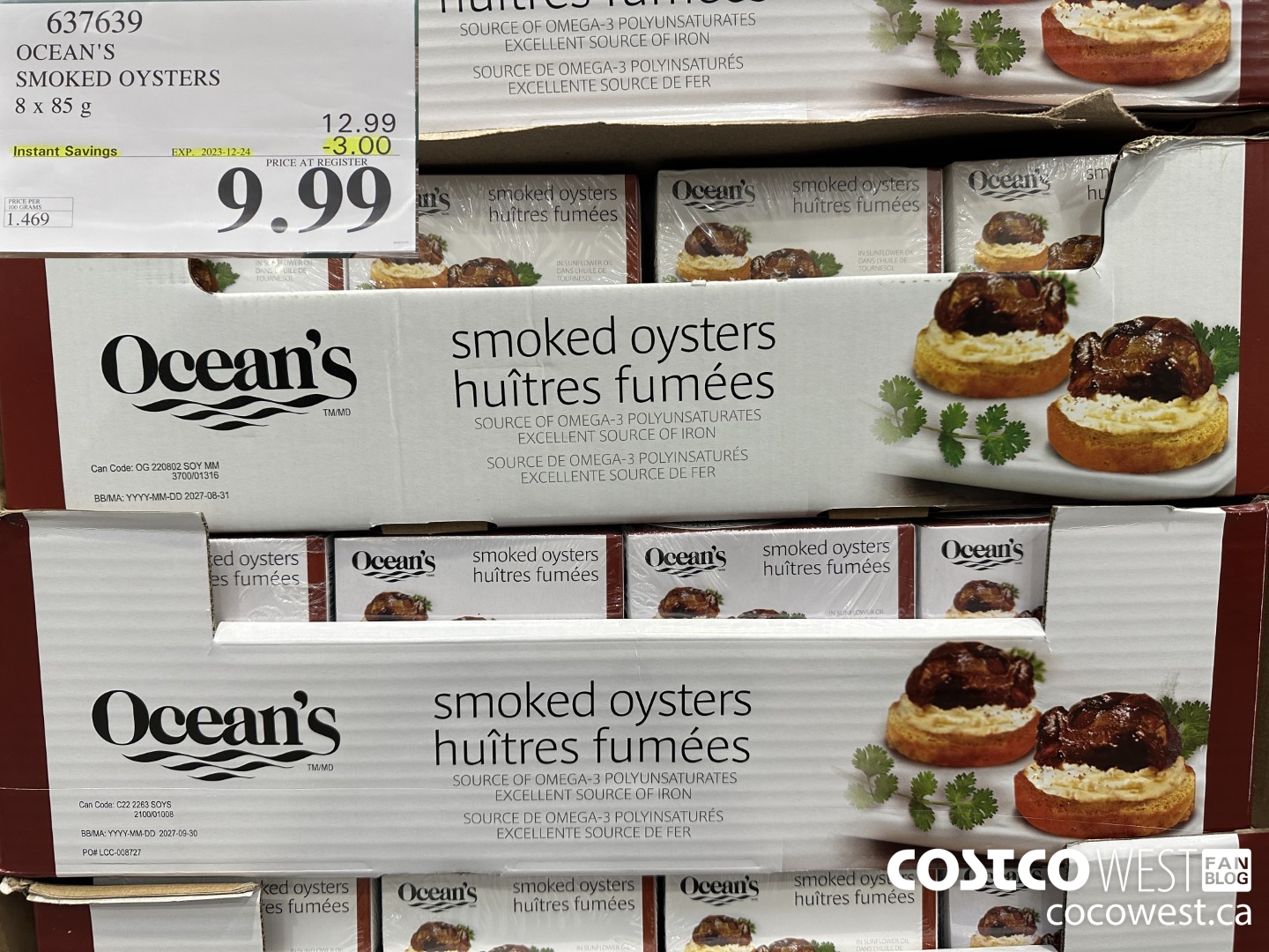637639 OCEAN'S SMOKED OYSTERS 8 x 85 g ($3.00 INSTANT SAVINGS EXPIRES ON 2023-12-24) $9.99