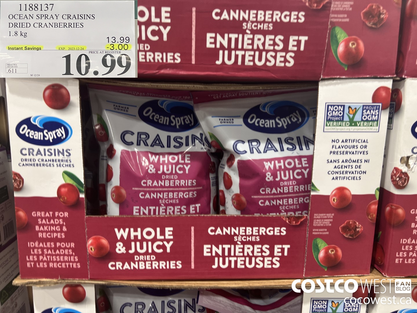 1188137 OCEAN SPRAY CRAISINS DRIED CRANBERRIES 1.8 KG ($3.00 INSTANT SAVINGS EXPIRES ON 2023-12-24) $10.99
