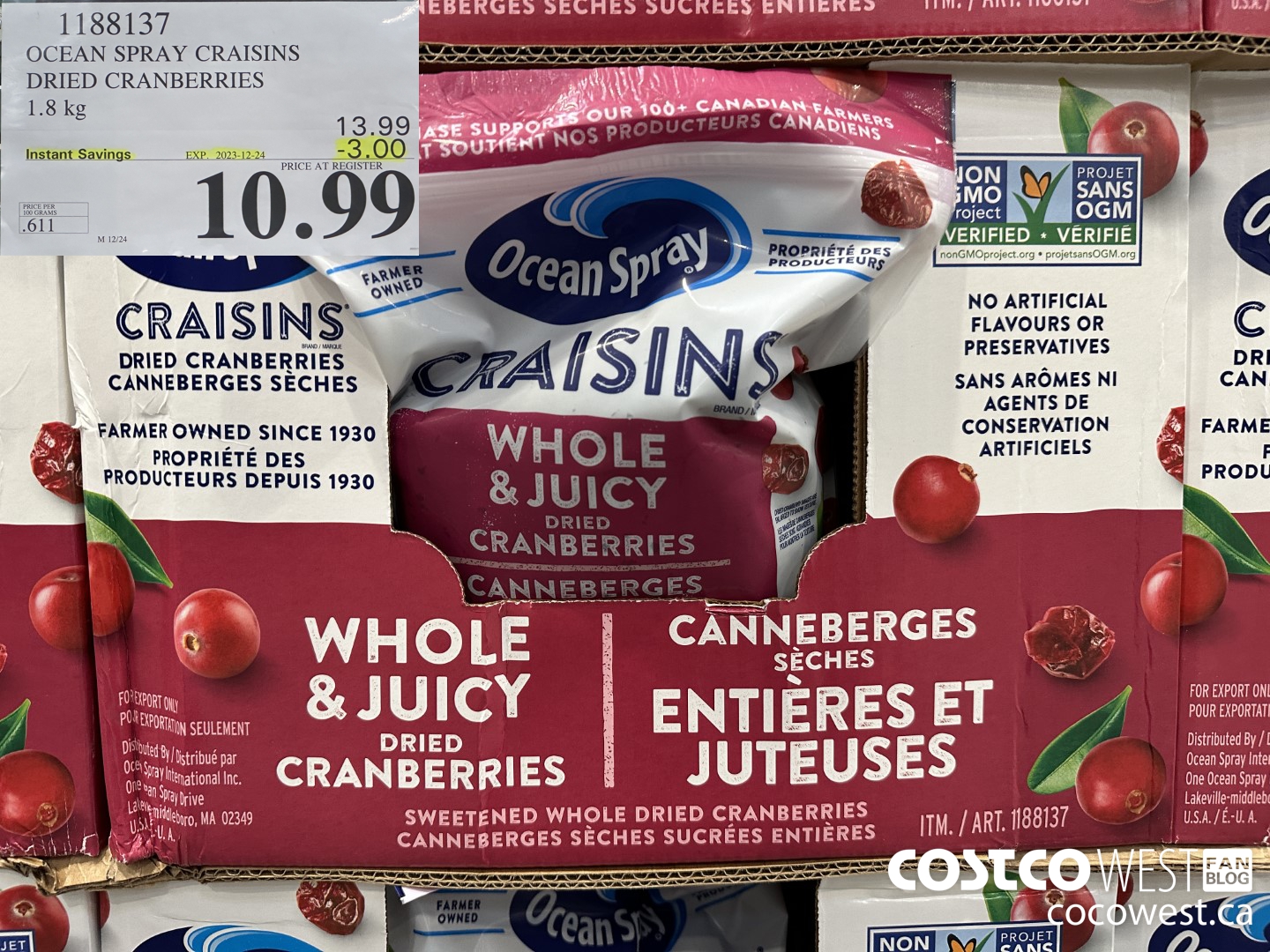 1188137 OCEAN SPRAY CRAISINS DRIED CRANBERRIES 1.8 KG ($3.00 INSTANT SAVINGS EXPIRES ON 2023-12-24) $10.99
