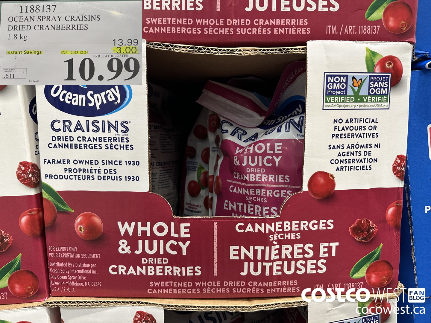 1188137 OCEAN SPRAY CRAISINS DRIED CRANBERRIES 1.8 KG ($3.00 INSTANT SAVINGS EXPIRES ON 2023-12-24) $10.99