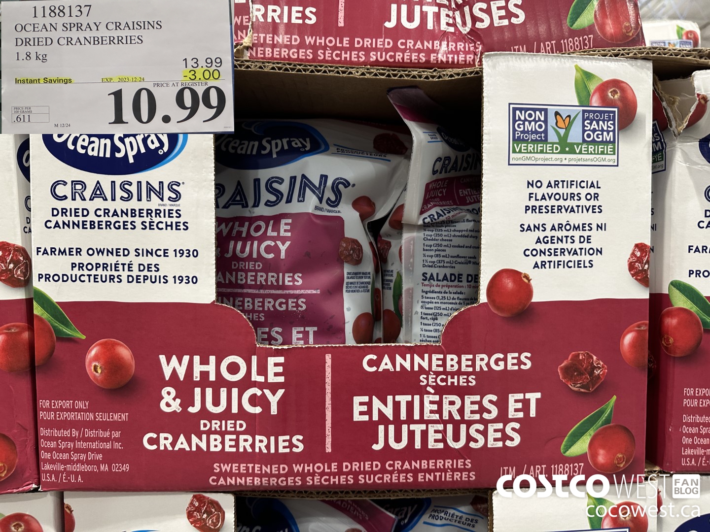 1188137 OCEAN SPRAY CRAISINS DRIED CRANBERRIES 1.8 KG ($3.00 INSTANT SAVINGS EXPIRES ON 2023-12-24) $10.99