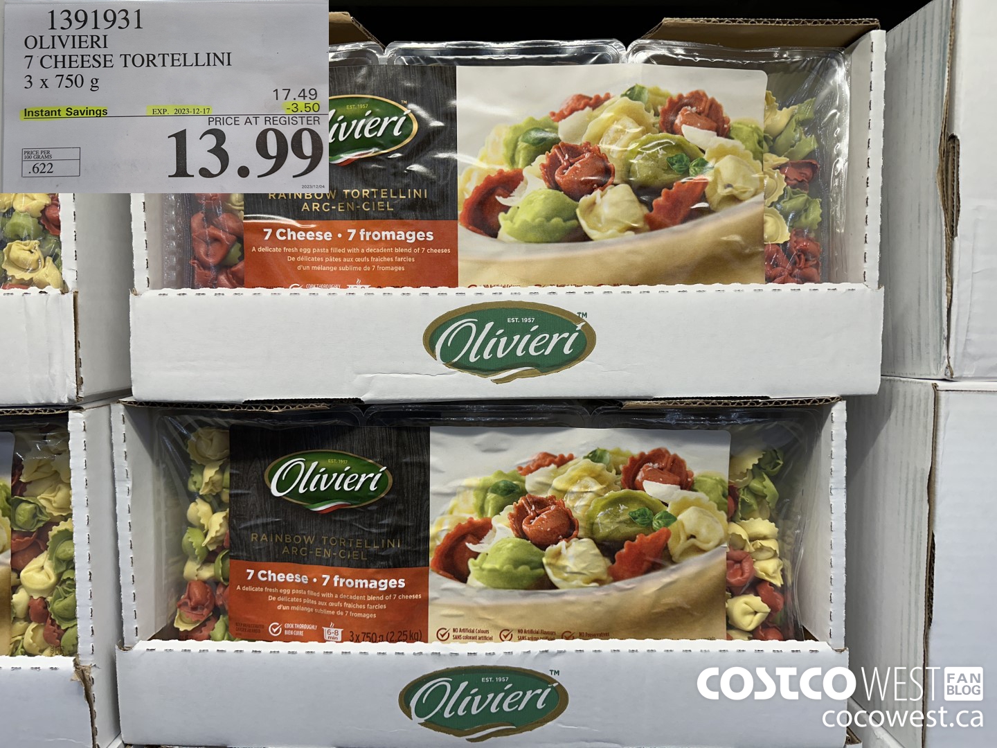 1391931 OLIVIERI 7 CHEESE TORTELLINI 3 x 750 g ($3.50 INSTANT SAVINGS EXPIRES ON 2023-12-17) $13.99