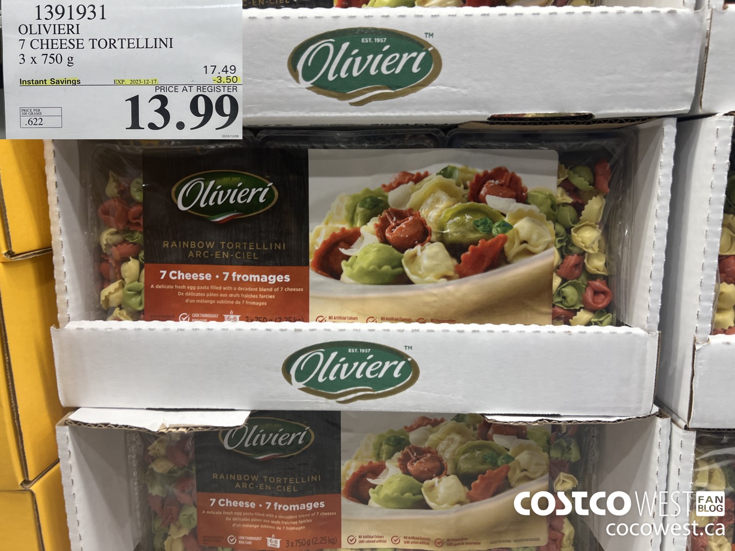 1391931 OLIVIERI 7 CHEESE TORTELLINI 3 x 750 g ($3.50 INSTANT SAVINGS EXPIRES ON 2023-12-17) $13.99