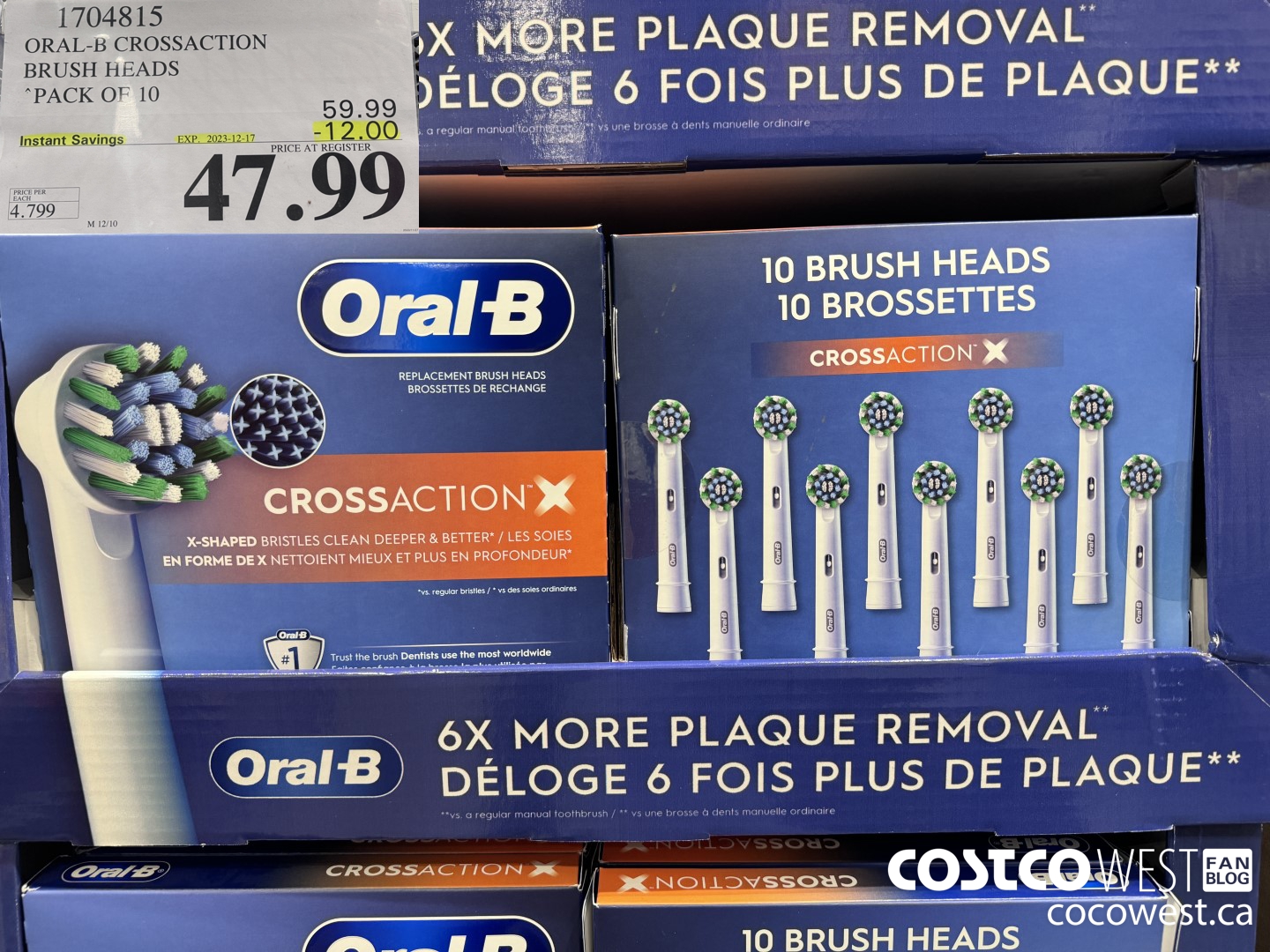 1704815 ORAL-B CROSSACTION BRUSH HEADS PACK OF 10 ($12.00 INSTANT SAVINGS EXPIRES ON 2023-12-17) $47.99
