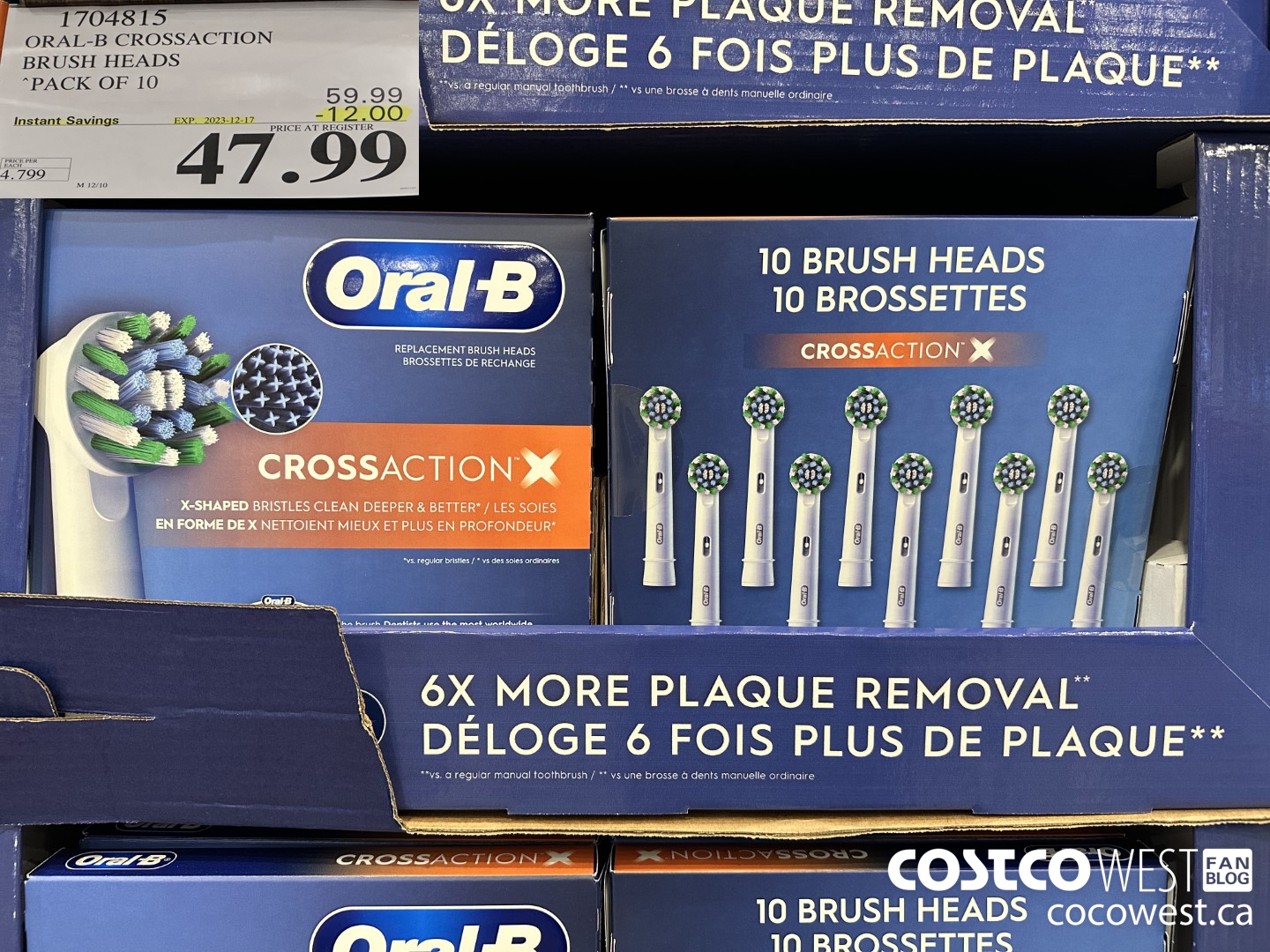1704815 ORAL-B CROSSACTION BRUSH HEADS PACK OF 10 ($12.00 INSTANT SAVINGS EXPIRES ON 2023-12-17) $47.99