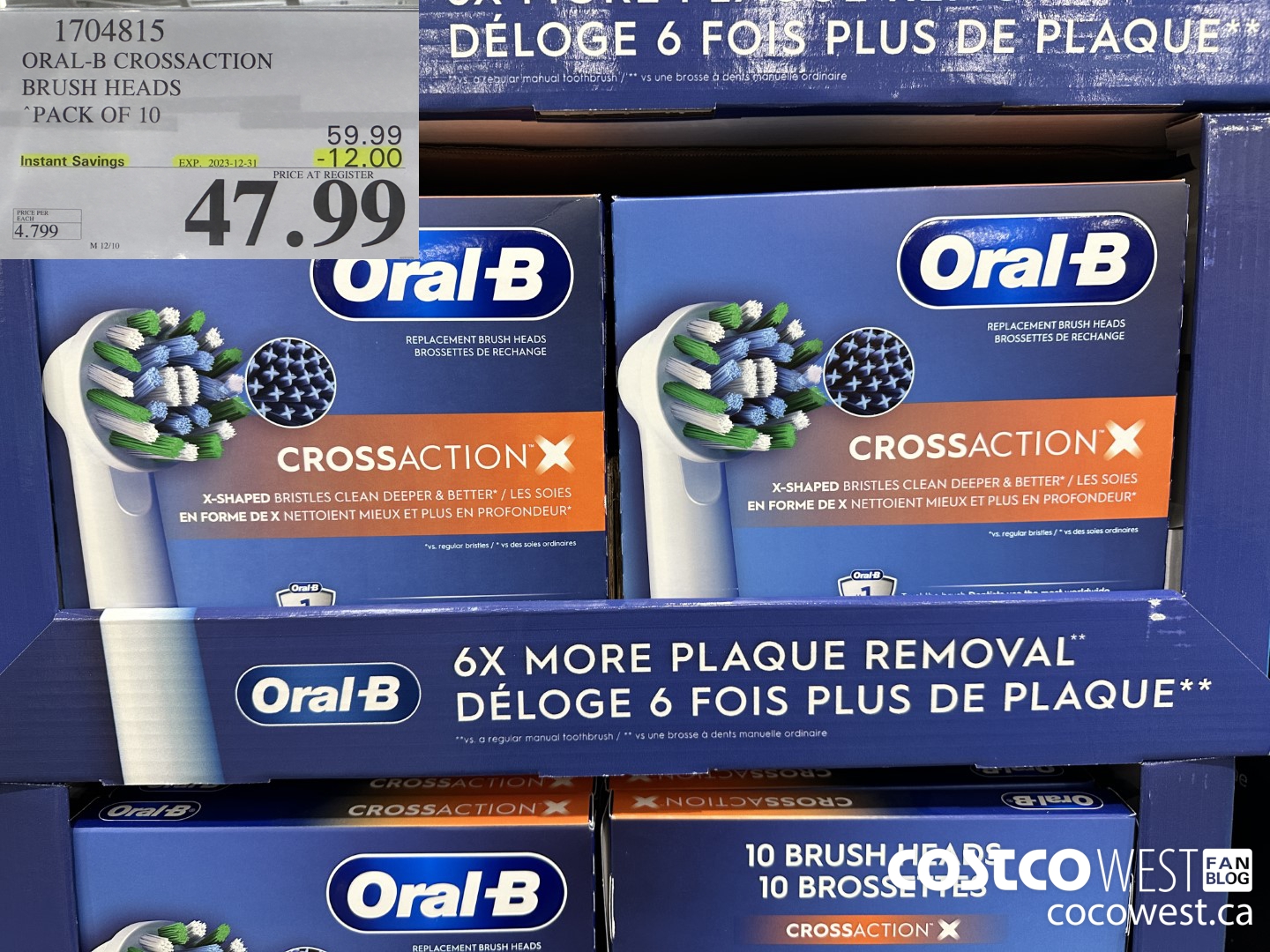 1704815 ORAL-B CROSSACTION BRUSH HEADS PACK OF 10 ($12.00 INSTANT SAVINGS EXPIRES ON 2023-12-31) $47.99