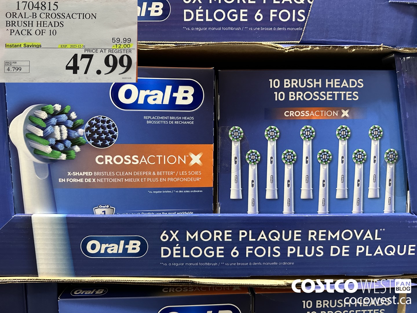 1704815 ORAL-B CROSSACTION BRUSH HEADS PACK OF 10 ($12.00 INSTANT SAVINGS EXPIRES ON 2023-12-31) $47.99