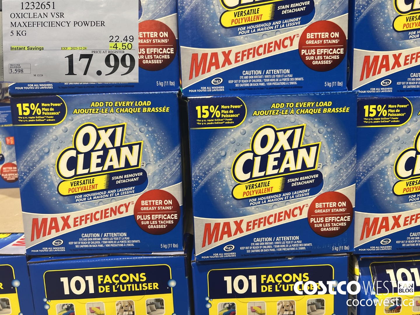 1232651 OXICLEAN VSR MAXEFFICIENCY POWDER 5 KG ($4.50 INSTANT SAVINGS EXPIRES ON 2023-12-24) $17.99