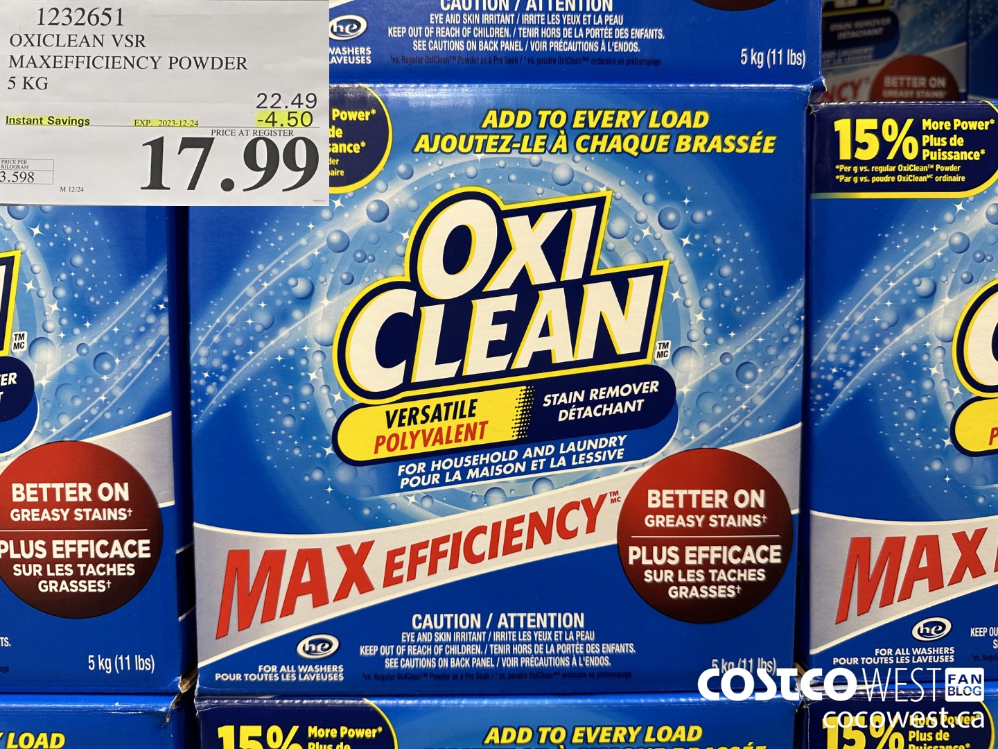 1232651 OXICLEAN VSR MAXEFFICIENCY POWDER 5 KG ($4.50 INSTANT SAVINGS EXPIRES ON 2023-12-24) $17.99