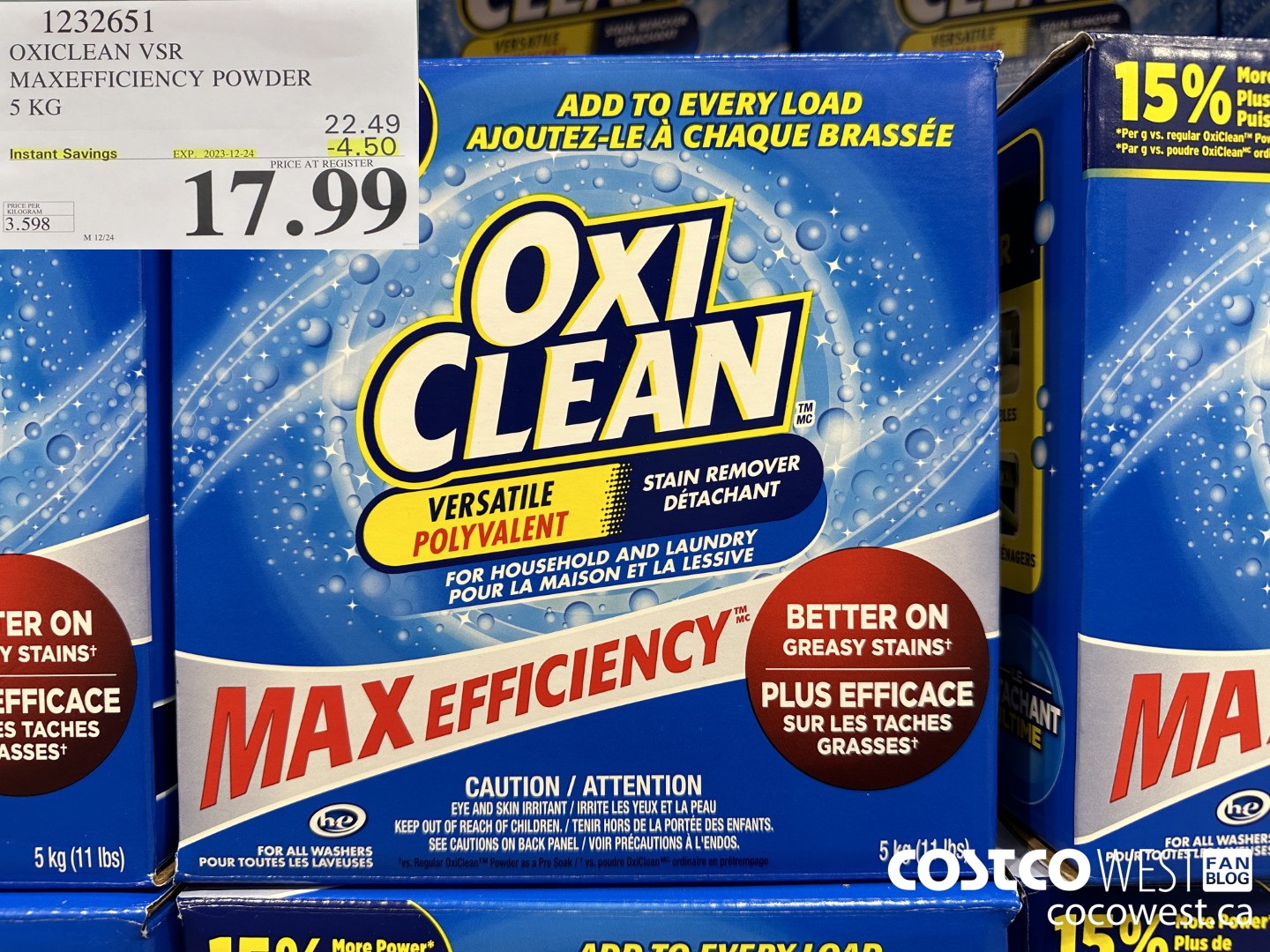 1232651 OXICLEAN VSR MAXEFFICIENCY POWDER 5 KG ($4.50 INSTANT SAVINGS EXPIRES ON 2023-12-24) $17.99