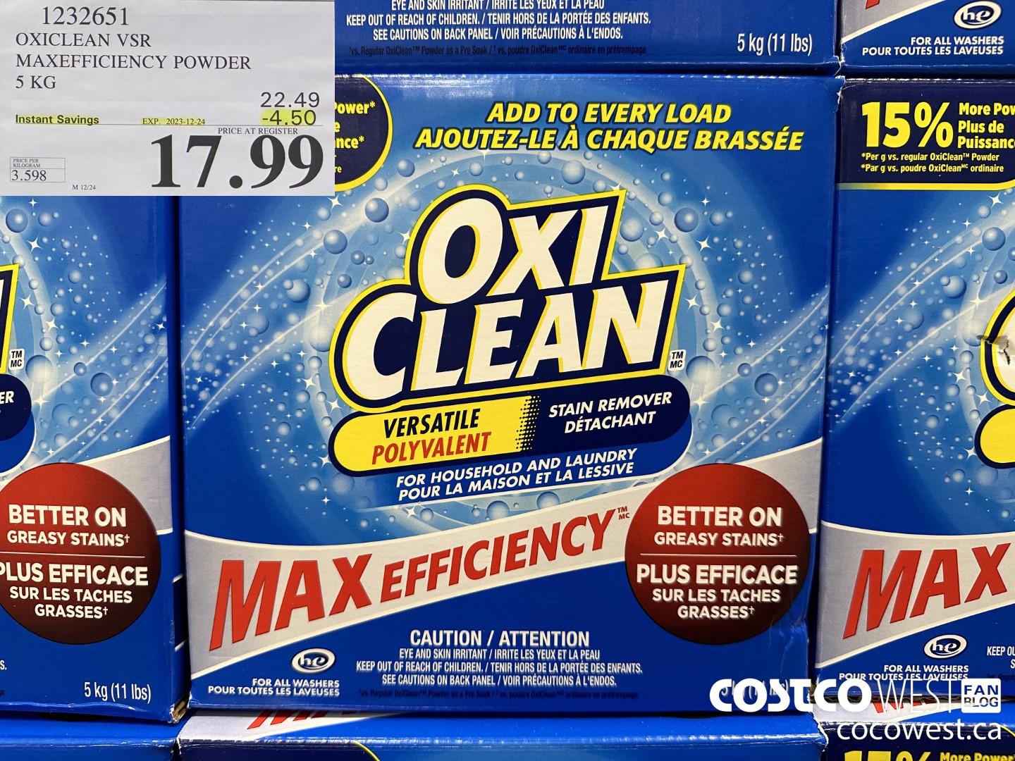 1232651 OXICLEAN VSR MAXEFFICIENCY POWDER 5 KG ($4.50 INSTANT SAVINGS EXPIRES ON 2023-12-24) $17.99